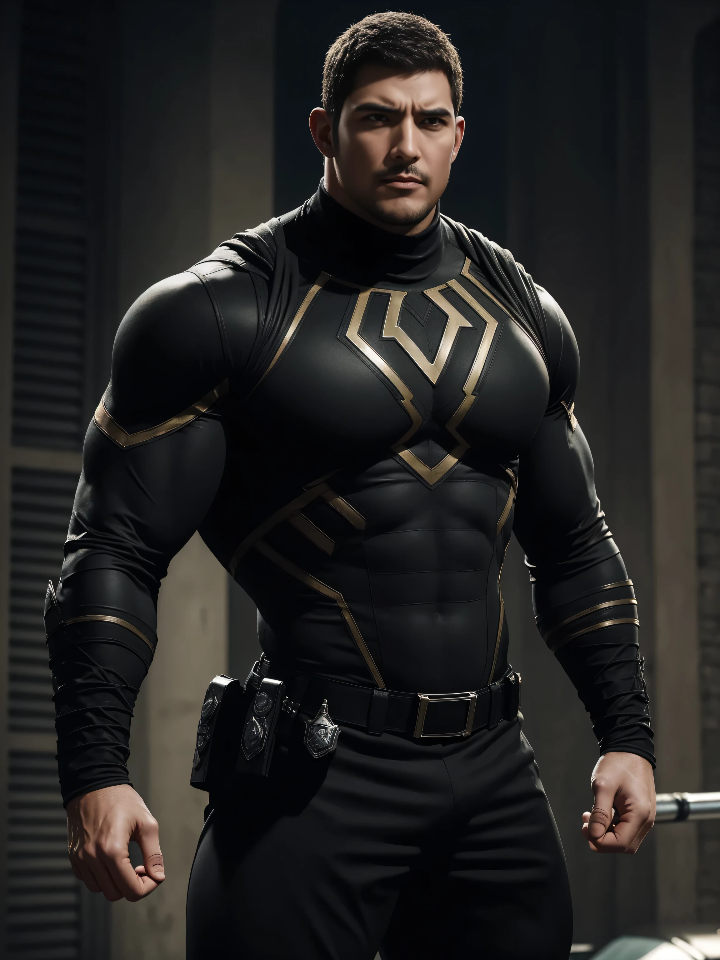 One Tall giant muscular police officer,  On the old-style outdoor streets, Wearing long-sleeved brown superhero Black Panther bodysuit, Elastic spandex material，The expression is arrogant, Lift your chin, Messy hair, Thick thighs, Brown Superhero Bodysuit with Turtleneck and Long Sleeves, very tight, Regular symmetrical pattern, Highlight muscles, Police uniform pants, character concept（Resident Evil - Chris Redfield, Chris Redfield）A proud expression, Deep and charming eyes, Heroic male pose, tall Burly, muscular！muscular thighs, tough guy, perfect facial features, High, Burly, Heqiang, Super polished and cool, High Resolution Committee, Charismatic, The sun is blazing, dazzling