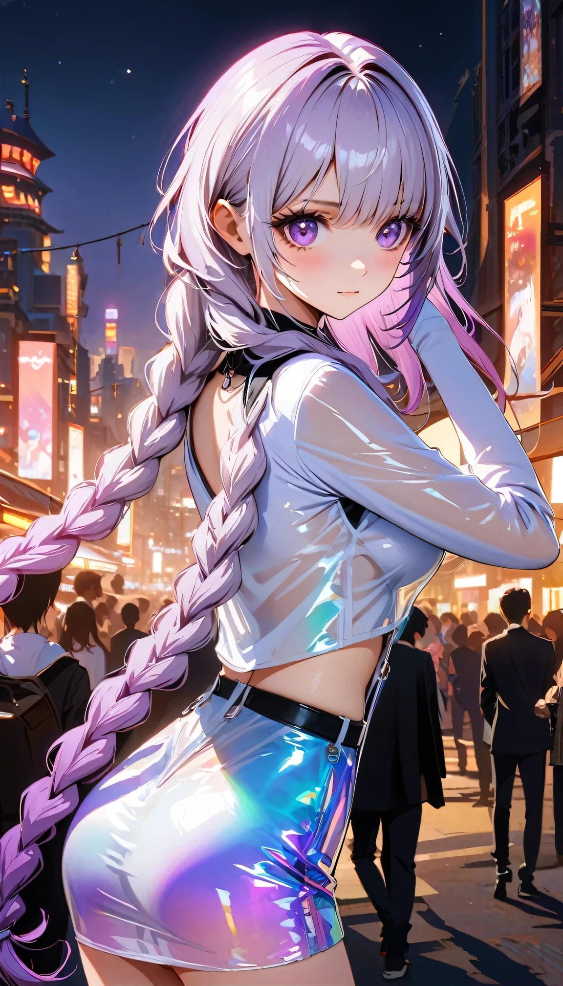best quality,masterpiece, 2 girls Looking back over shoulder, yinji, purple hair, purple eyes, long hair, white hair, double braids, gradient hair, Refined and elegant, 3D Rendering, Transparent PVC clothing,Transparent colored vinyl garment,Prismatic,holographic,Chromatic Aberration,Fashion,looking at the audience,pixiv,Extremely detailed CG unified 8k wallpaper, Astonishing, movie lighting, Very detailed, Clear focus. (The background is a bustling city night scene)