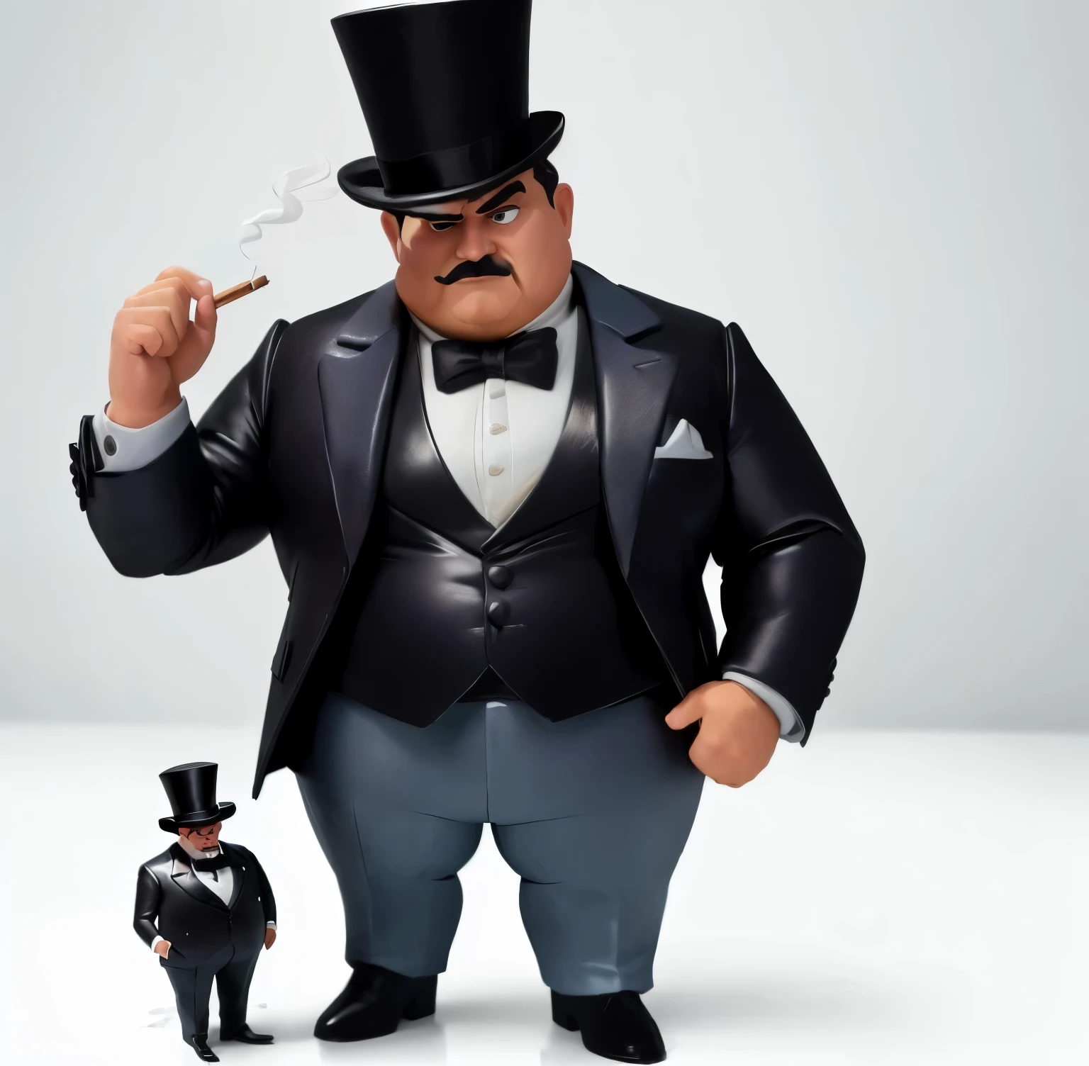 um close de um homem de cartola e casaco, he is wearing a top hat, gru de meu malvado favorito, grande chefe chungus, big boss, homem gordo, figura gorda, collectible action figure, close-up de corpo inteiro, ( figura altamente detalhada ), smoking a cigar, Rony