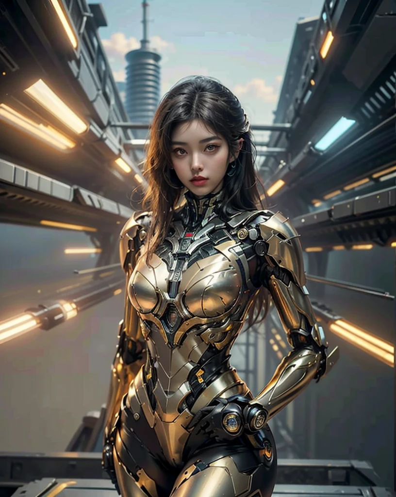 ((Obra maestra, La mejor calidad)), illustration, 8K ultra detallado, realista, Enfoque claro, Altamente detallado, Pro Lighting, Detalles de color dorado y rojo, Rainbow Color BREAK, Super Long Factory Photo,Retrofuturistic golden ciborg , microchip, ordenador, luminiscencia, Detalles intrincados, shitu-mecha, 1girl, Mecha de uso, diferentes poses,senos grandes, negro ,tetas muy grandes ,cameltoe muy grande ,full body