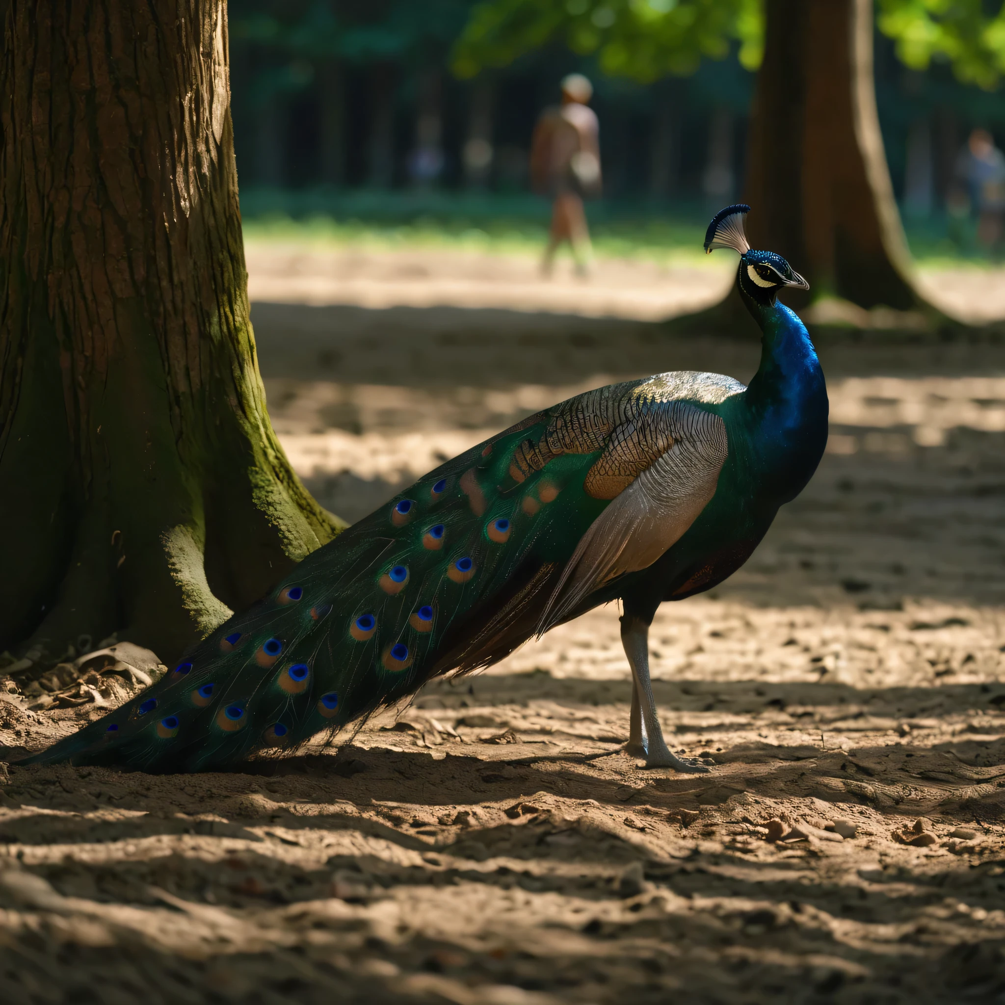 A standard peacock walking on the dirt floor, in a forest with lots of trees, plantation, very detailed peacock, perfect legs,. shadow, flower, UHD, masterpiece, accurate, anatomically correct, textured skin, super detail, high quality, best quality, 8k, high resolution, bokeh effect.