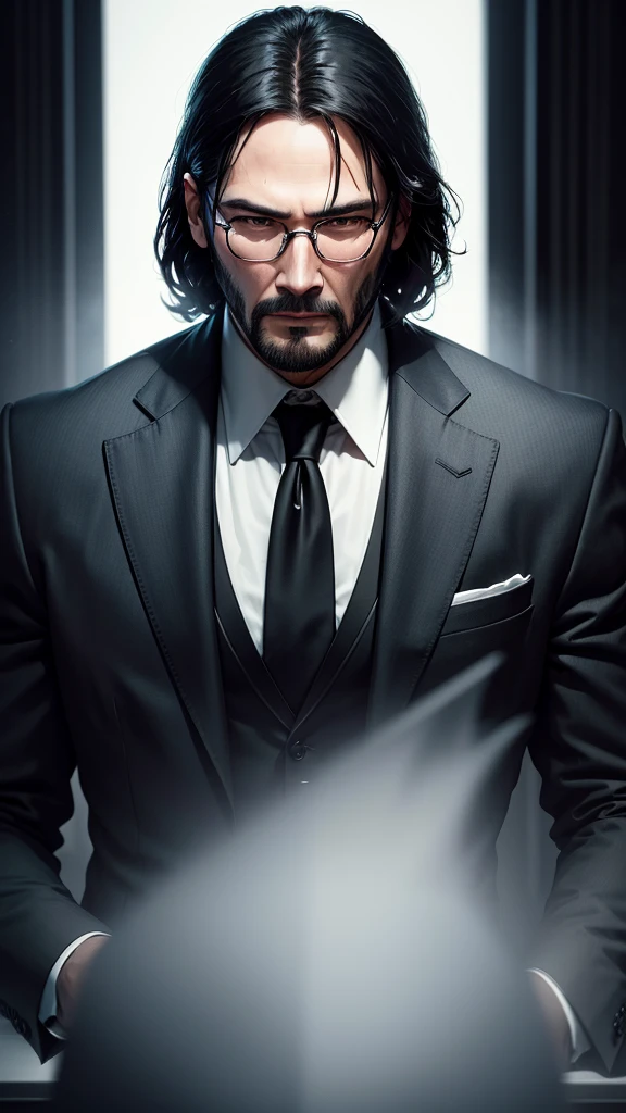 John Wick wear glasses black suit young businessman black hair ultra masculine face strong face sharp face high contrast looking directly at camera
