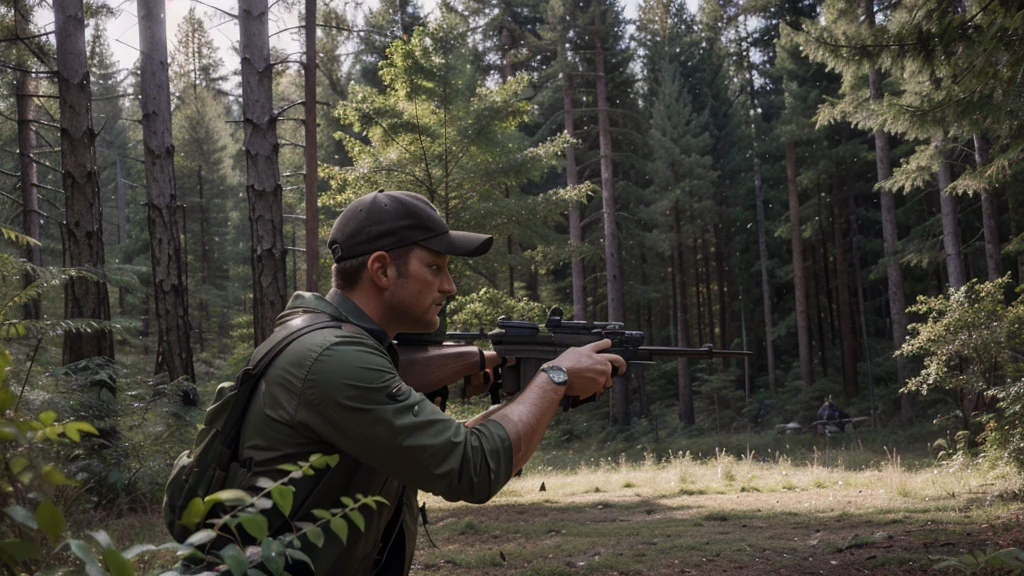 Picture of a 35 year old hunter Holding a rifle and aiming at something in the forest ,((Realistic picture)),,((4K images)),((Awesome picture))