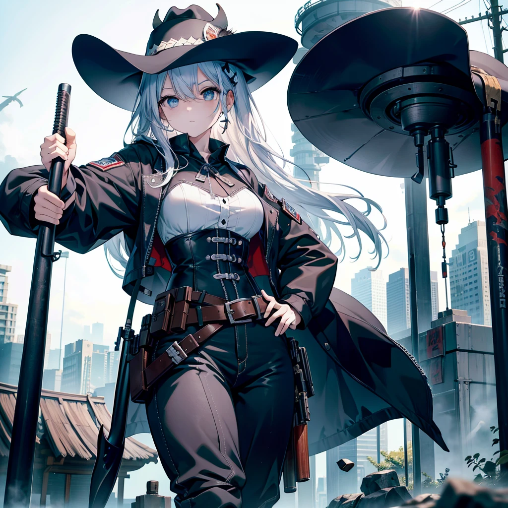highest quality、masterpiece、Official Art、The best configuration、western hat、Western Boots、White bustier、Gun hanging from waist、Wind、Deep concentration,Absurd、Detailed eyes and face、He threatened Hideo.、 Grim Reaper&#39;s Scythe、