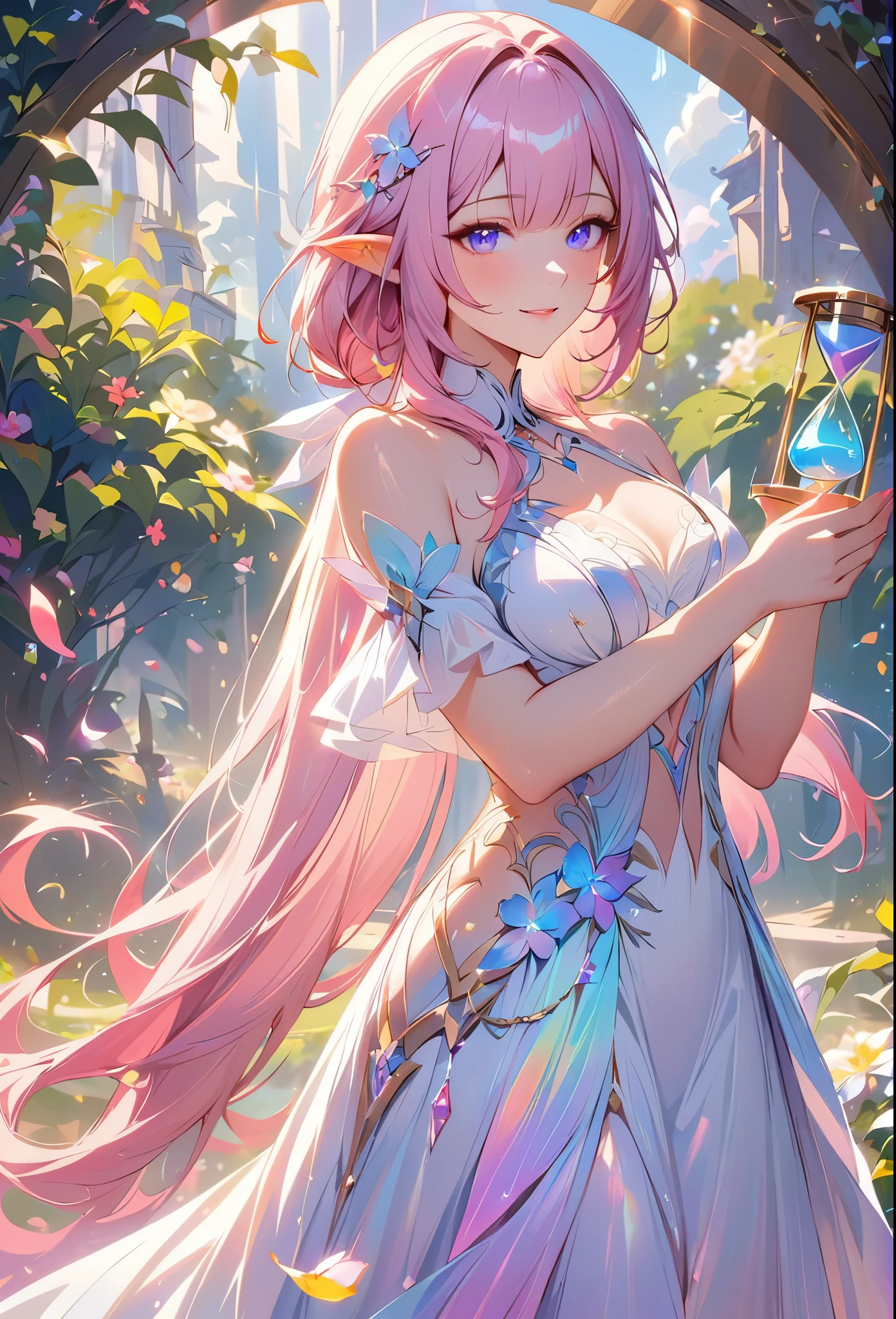 (best quality,4k,8k,highres,masterpiece:1.2),elysia,honkai impact,very long hair,ultra-detailed,realistic,wearing simple white goddess gown,morning of spring,sunlight reflection,body details,delicate,vibrant color palette,hourglass figure,elegant curves,polished surface,delicate engravings,effects of light and shadow,subtle reflections,shimmering surface,sparkling gemstones,flower petals falling,springtime essence,ethereal atmosphere,peaceful garden background,serene ambiance,morning dew,soft sunlight filtering through trees,lush plant life,vividly colored blossoms,harmonious blend of nature and art,impeccable craftsmanship,transcendent beauty,awe-inspiring artwork,long pink hair,purple eyes, pointed ears,time goddess next to floating hourglass, smiling