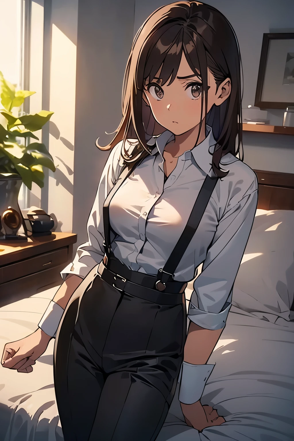 Brown Hair、Staring at the audience Black suspenders bulging big breasts wall: Black pantsuit sight Small face holster Beautiful woman Show your hand Lying in bed sight Taunt side side汗 arm Dress shirt Black Suit belt