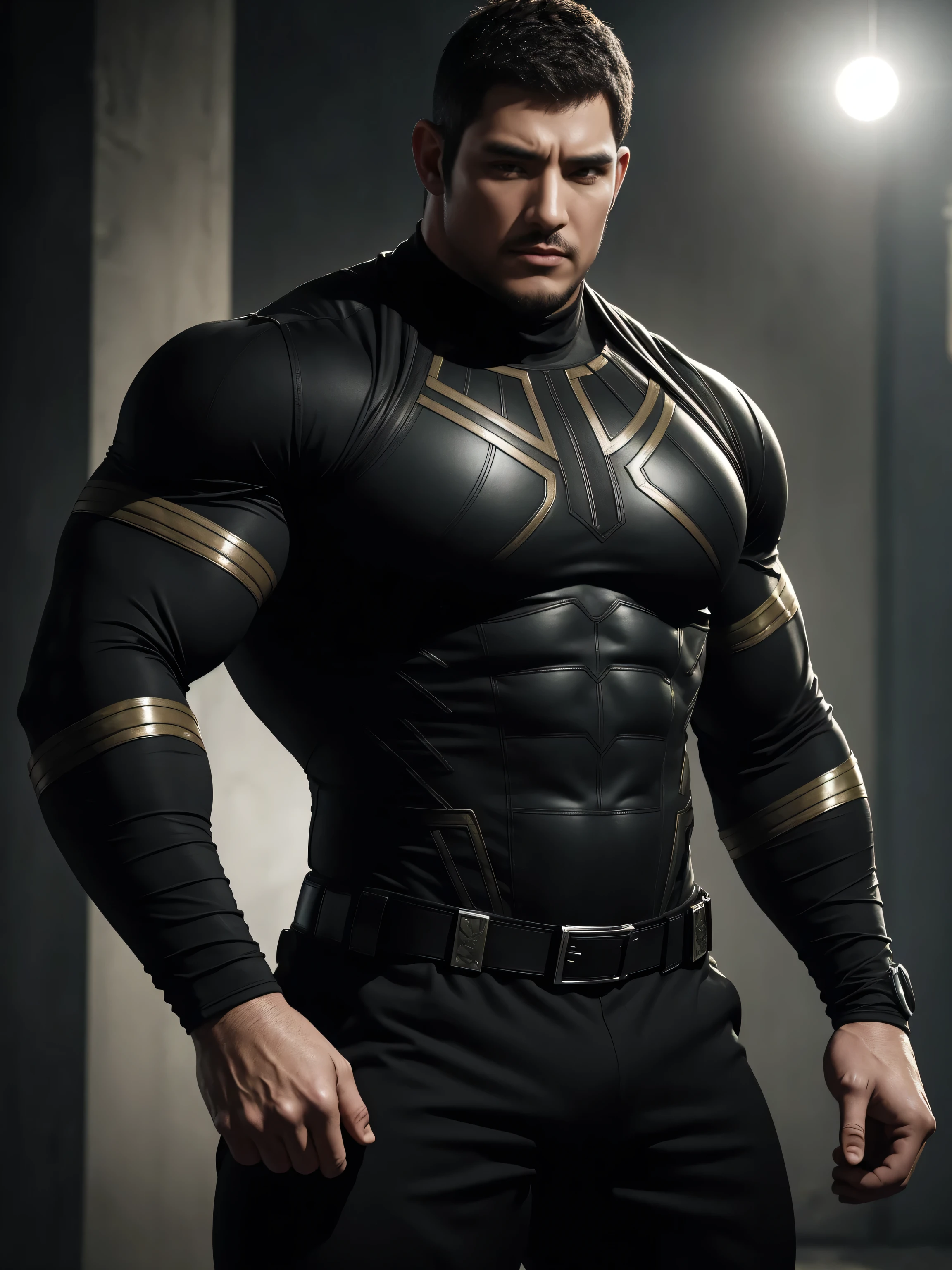One Tall giant muscular police officer, On the old-style outdoor streets, Wearing long-sleeved brown superhero Black Panther bodysuit, Elastic spandex material,The expression is arrogant, Lift your chin, Messy hair, Thick thighs, Brown Superhero Bodysuit with Turtleneck and Long Sleeves, very tight, Regular symmetrical pattern, Highlight muscles, Police uniform pants, character concept(Resident Evil - Chris Redfield, Chris Redfield)A proud expression, Deep and charming eyes, Heroic male pose, tall Burly, muscular!muscular thighs, tough guy, perfect features, High, Burly, Heqiang, Super polished and cool, High Resolution Committee, Charismatic, The sun is blazing, dazzling