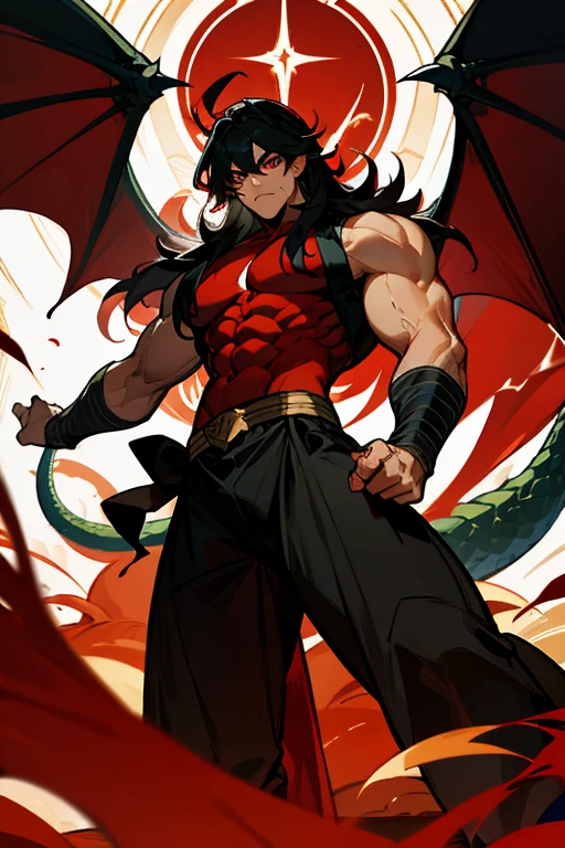 Dark muscular man with dragon wings and tail, cabello negro, ojos oscuros con pupila roja