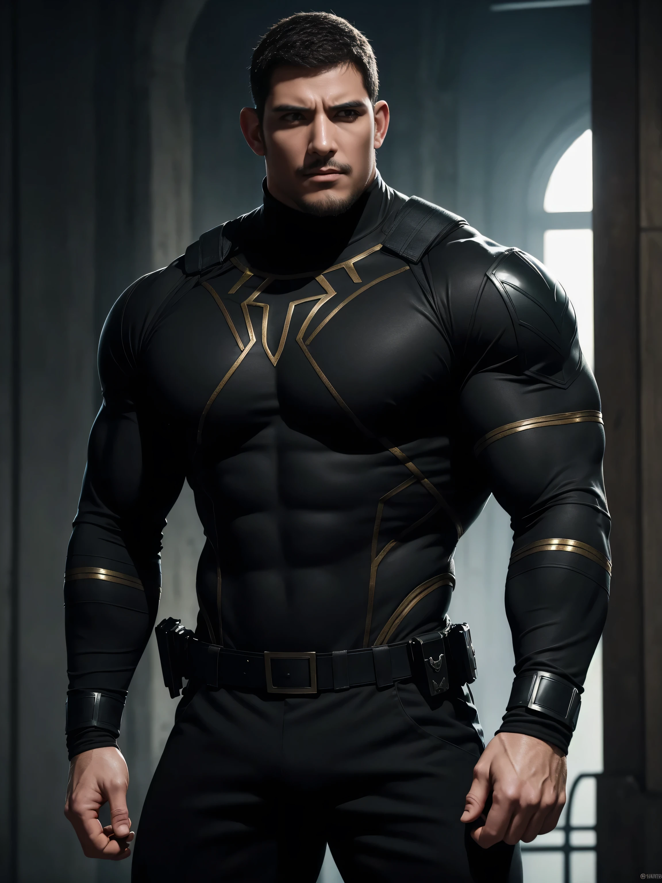 One Tall giant muscular police officer,  On the old-style outdoor streets, Wearing long-sleeved brown superhero Black Panther bodysuit, Elastic spandex material，The expression is arrogant, Lift your chin, Messy hair, Thick thighs, Brown Superhero Bodysuit with Turtleneck and Long Sleeves, very tight, Regular symmetrical pattern, Highlight muscles, Police uniform pants, character concept（Resident Evil - Chris Redfield, Chris Redfield）A proud expression, Deep and charming eyes, Heroic male pose, tall Burly, muscular！muscular thighs, tough guy, perfect facial features, High, Burly, Heqiang, Super polished and cool, High Resolution Committee, Charismatic, The sun is blazing, dazzling