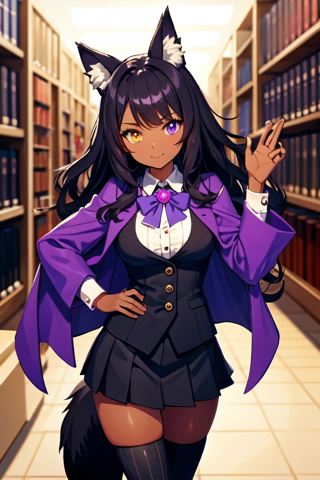 dark brown skin, tan skin, woman, tall, wolf ears, big wolf ears, black wolf tail, black button up jacket, short skirt, dark purple skirt, purple jacket, cape, buttons, shy, heterochromia, yellow eye, purple eye, black hair, bangs, blue hair highlights, purple hair highlights, dark brown skin, tan skin, messy hair, shaggy hair, striped stockings, awkward, library, zoroark, long hair, purple cravat