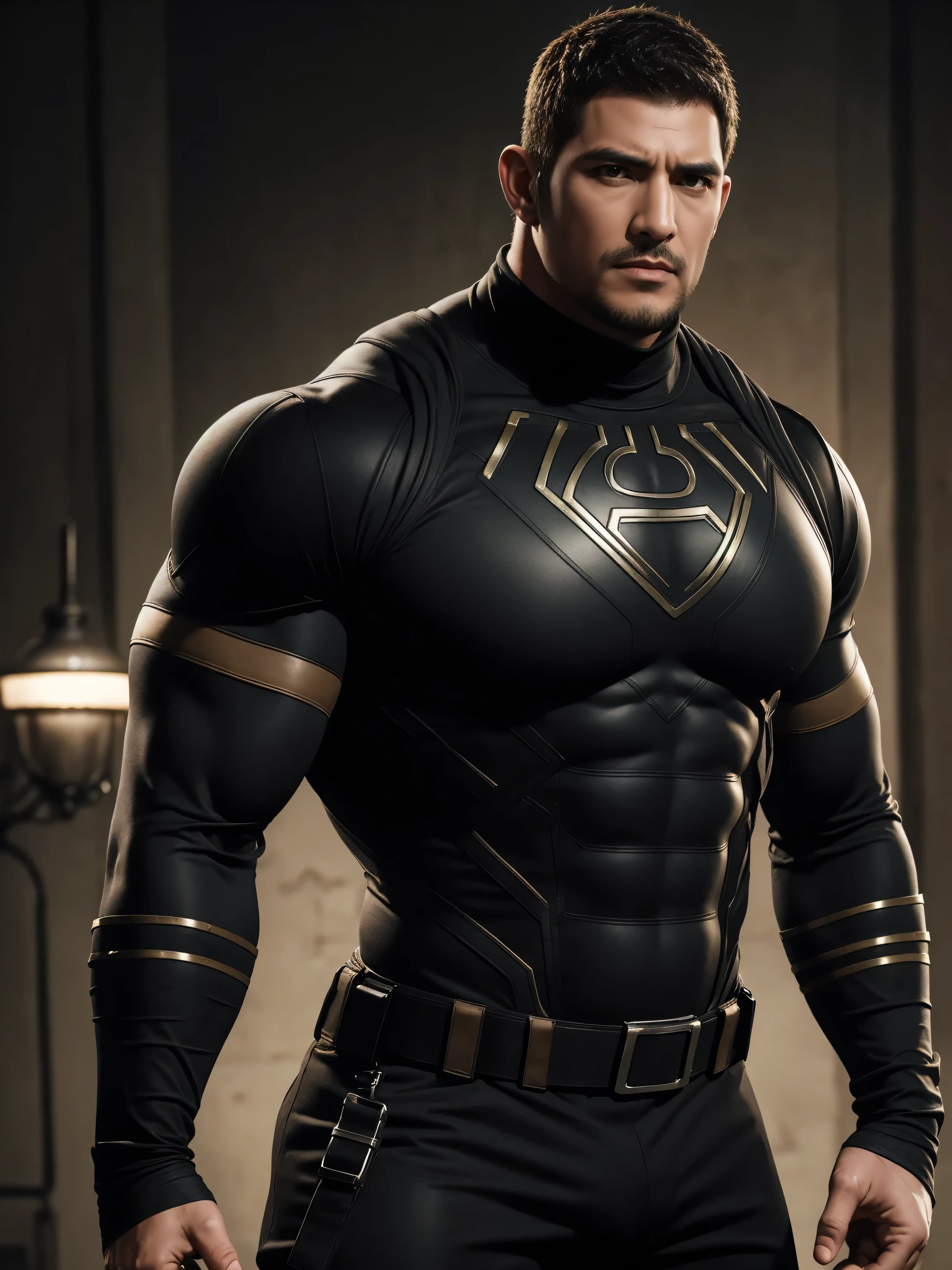 One Tall giant muscular police officer,  On the old-style outdoor streets, Wearing long-sleeved brown superhero Black Panther bodysuit, Elastic spandex material，The expression is arrogant, Lift your chin, Messy hair, Thick thighs, Brown Superhero Bodysuit with Turtleneck and Long Sleeves, very tight, Regular symmetrical pattern, Highlight muscles, Police uniform pants, character concept（Resident Evil - Chris Redfield, Chris Redfield）A proud expression, Deep and charming eyes, Heroic male pose, tall Burly, muscular！muscular thighs, tough guy, perfect facial features, High, Burly, Heqiang, Super polished and cool, High Resolution Committee, Charismatic, The sun is blazing, dazzling