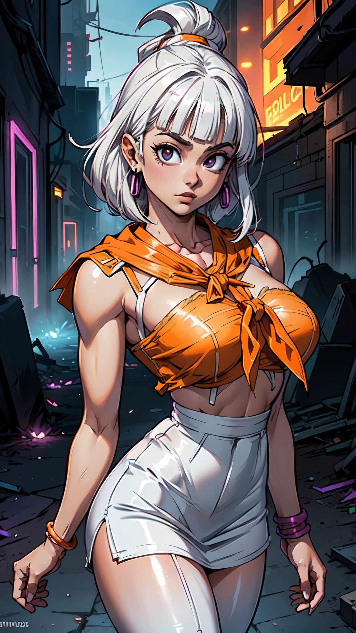 (La mejor calidad,A high resolution,Ultra - detallado,actual),(Videl dragon ball :1.4), lips,(thick\lips\), ,(Cyberpunk ruined dungeon ruins alley background :1.4 ), (miniskirt white :1.4), (medias blancas brillantes/pantys:1.4), 
(shiny glossy translucent clothing:1.4 ), dragon ball, bbchichi, single hair bun, hair bun, (blunt bangs:1.4) , sidelocks, black eyes, earrings,( orange neckerchief:1.4) , orange scarf, purple dress, sleeveless, bracelet, huge breast, 
(looking at viewer, portrait:1.1),, 
 (busty:1.1) ,  (chubby:0.1),(soft shaded neon light:1.1),dark theme, A very clean and well organized contemporary place, (dynamic cowboy pose), (perfect anatomy :1.4), (Videl dragon ball V2.1), ,( ciberpunk 2.1),( face detailed:1.4), More detailed 8K.motor irreal:1.4,UHD,La mejor calidad:1.4, fotorrealista:1.4, textura de la piel:1.4, obra maestra:1.8,obra-prima, mejor calidad,objeto Objeto], (face detailed :1.4 ),(Las proporciones correctas),(Ojos hermosos:1.4 ),  (pose vaquero), (estilo encaje lingerie white:1.4), (ojos hermosos:1.4), (estilo encaje lingerie white :1.4) 