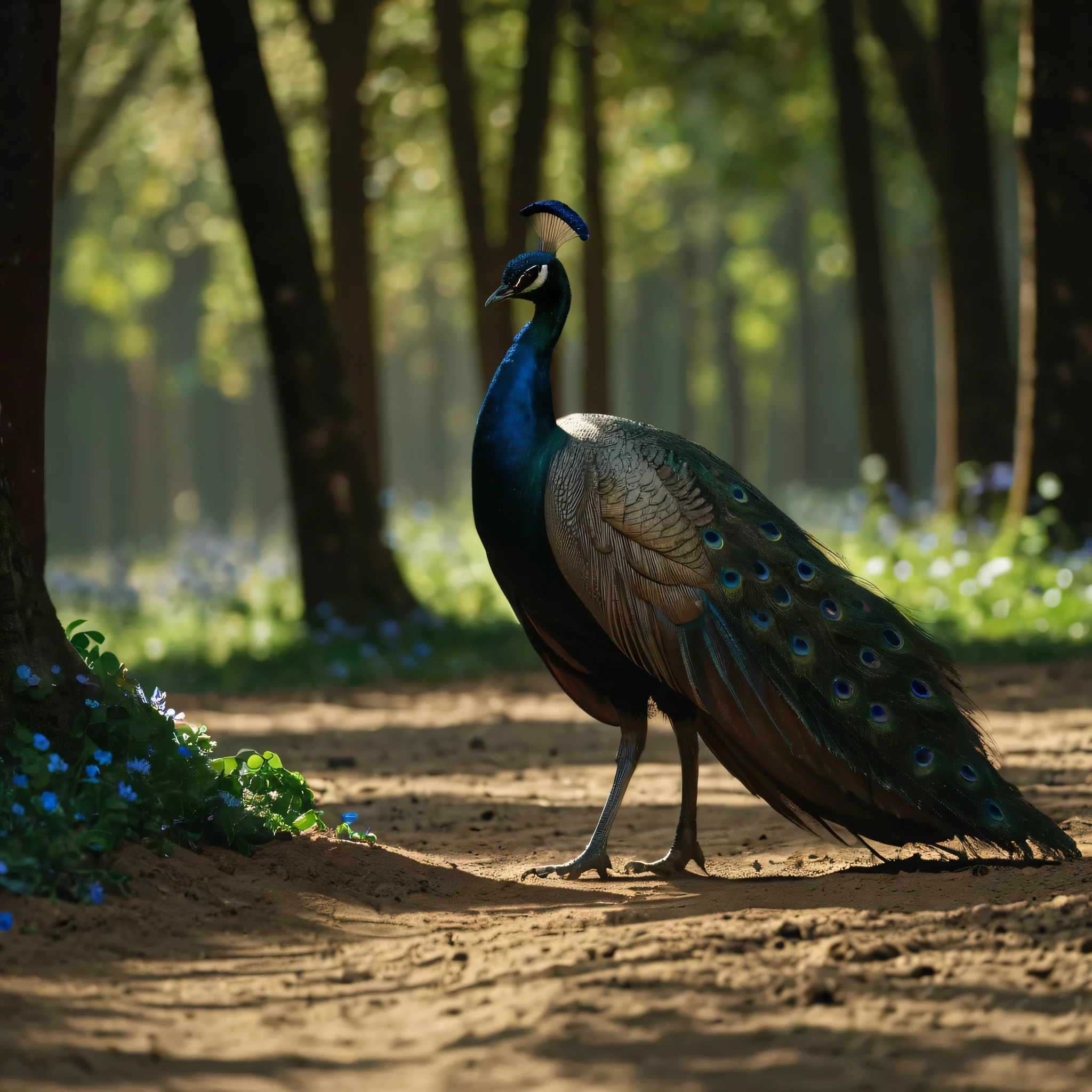 A standard peacock walking on the dirt floor, in a forest with lots of trees, plantation, very detailed peacock, perfect legs,. shadow, flower, UHD, masterpiece, accurate, anatomically correct, textured skin, super detail, high quality, best quality, 8k, high resolution, bokeh effect.
