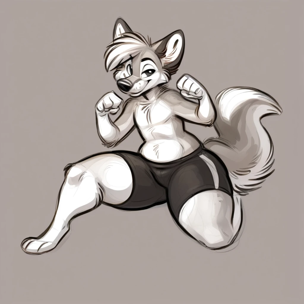 A anthropomorphic fox, wearing black swimming shorts, doing a sitting pin up pose, has thick thighs, high quality, crisp,
