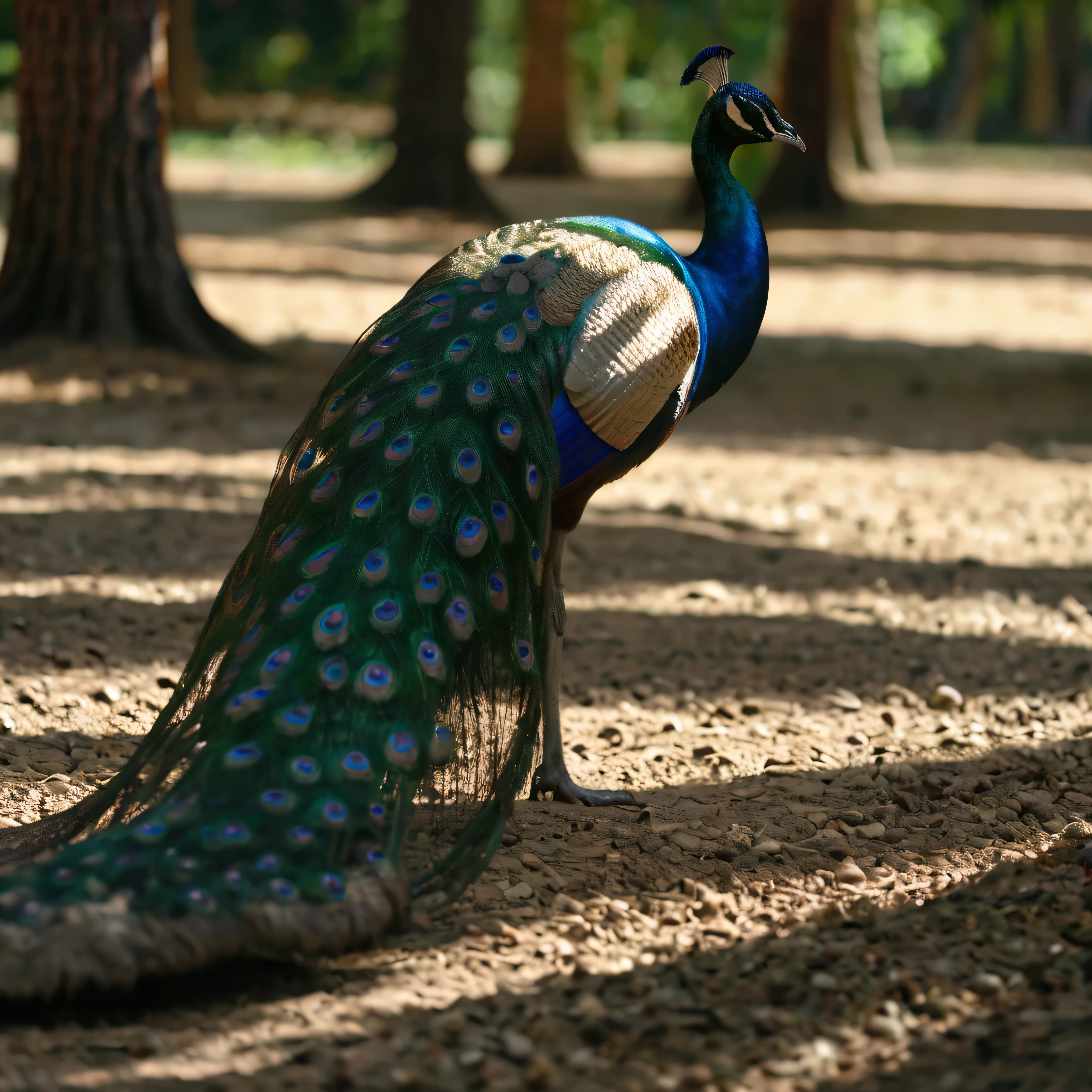 A standard peacock walking on the dirt floor, in a forest with lots of trees, plantation, very detailed peacock, perfect legs,. shadow, flower, UHD, masterpiece, accurate, anatomically correct, textured skin, super detail, high quality, best quality, 8k, high resolution, bokeh effect.