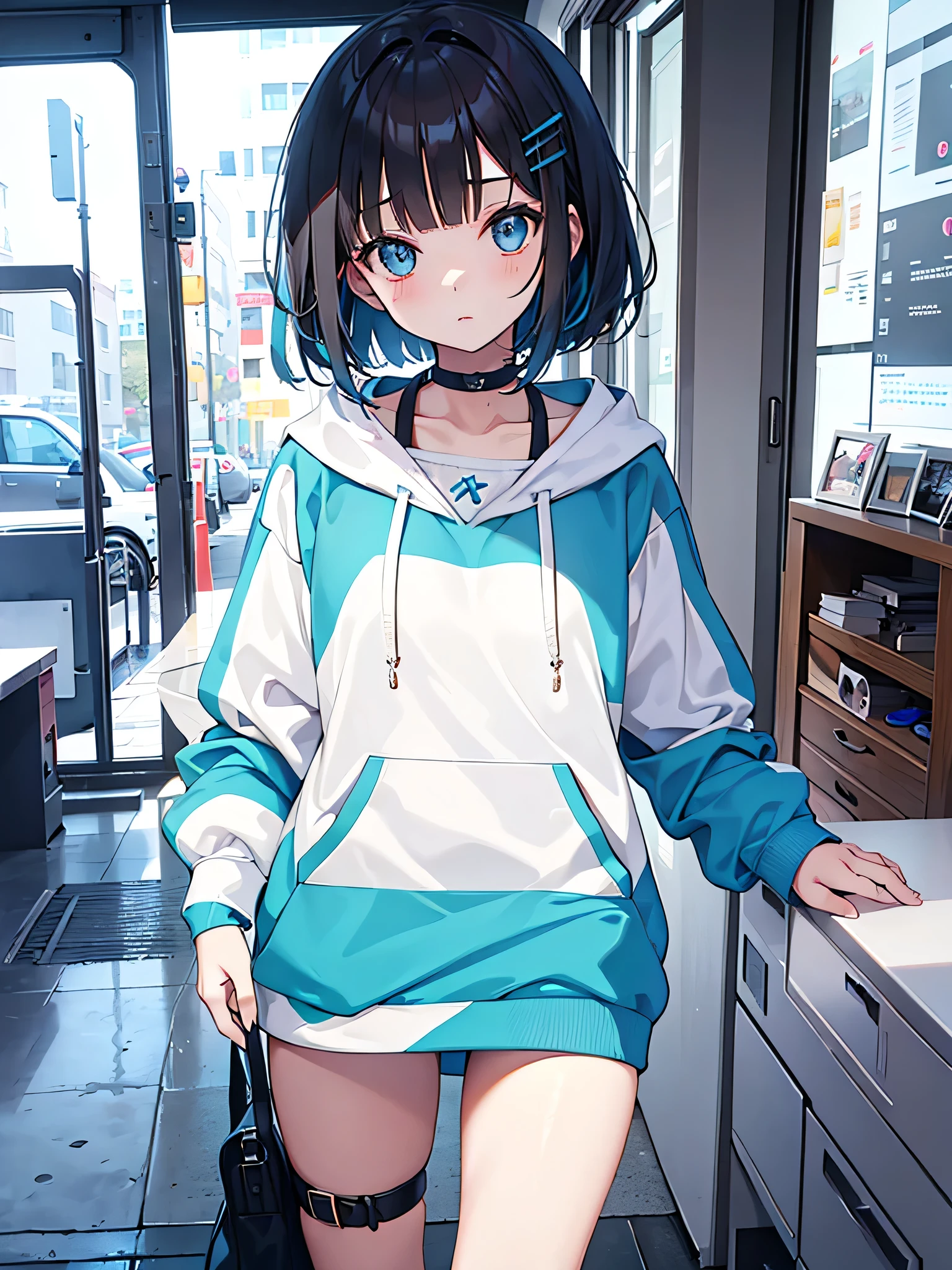 a cutegirl, She has a dark brown bob with a light blue inner color, a white hoodie