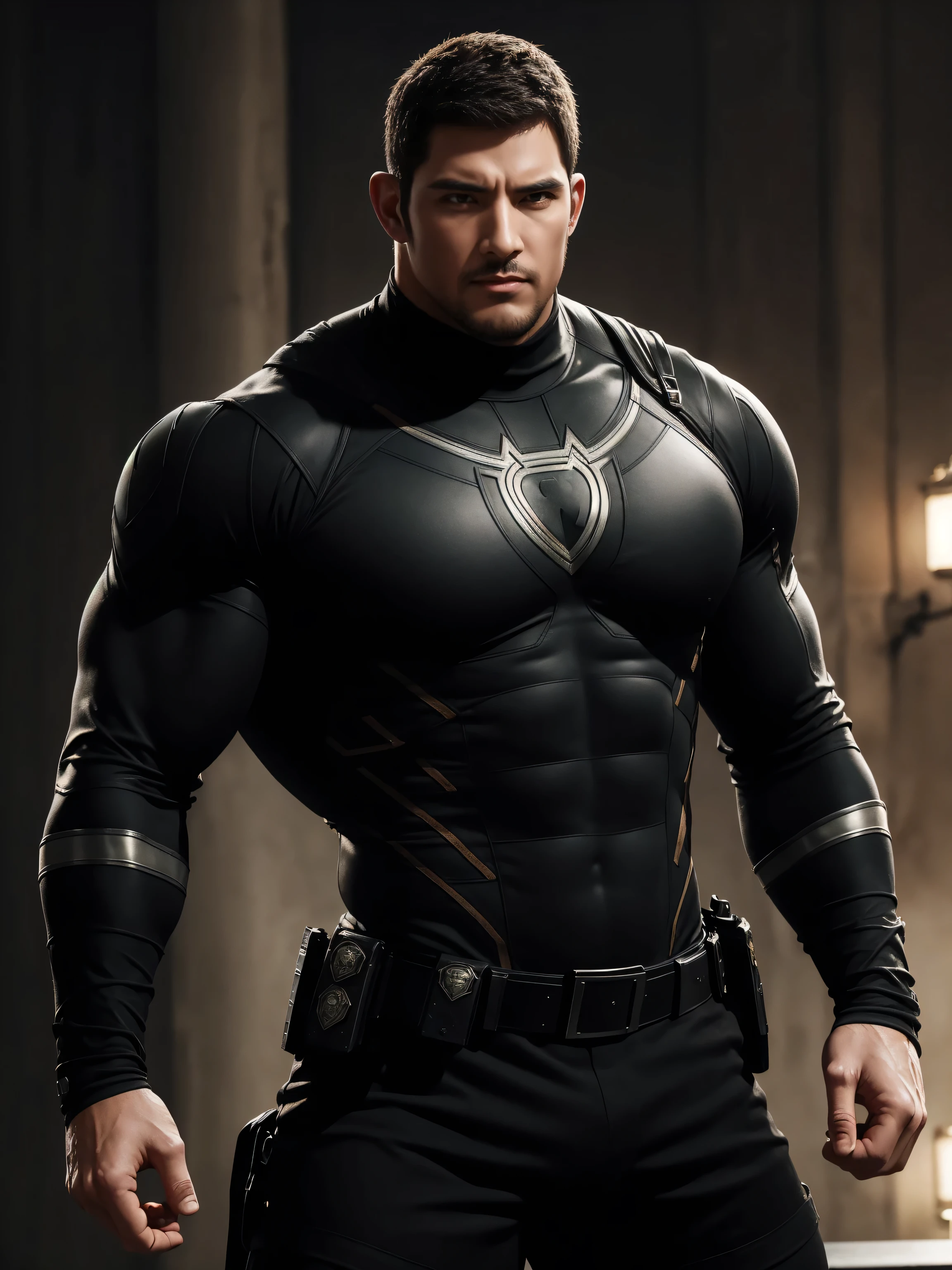 One Tall giant muscular police officer,  On the old-style outdoor streets, Wearing long-sleeved brown superhero Black Panther bodysuit, Elastic spandex material，The expression is arrogant, Lift your chin, Messy hair, Thick thighs, Brown Superhero Bodysuit with Turtleneck and Long Sleeves, very tight, Regular symmetrical pattern, Highlight muscles, Police uniform pants, character concept（Resident Evil - Chris Redfield, Chris Redfield）A proud expression, Deep and charming eyes, Heroic male pose, tall Burly, muscular！muscular thighs, tough guy, perfect facial features, High, Burly, Heqiang, Super polished and cool, High Resolution Committee, Charismatic, The sun is blazing, dazzling