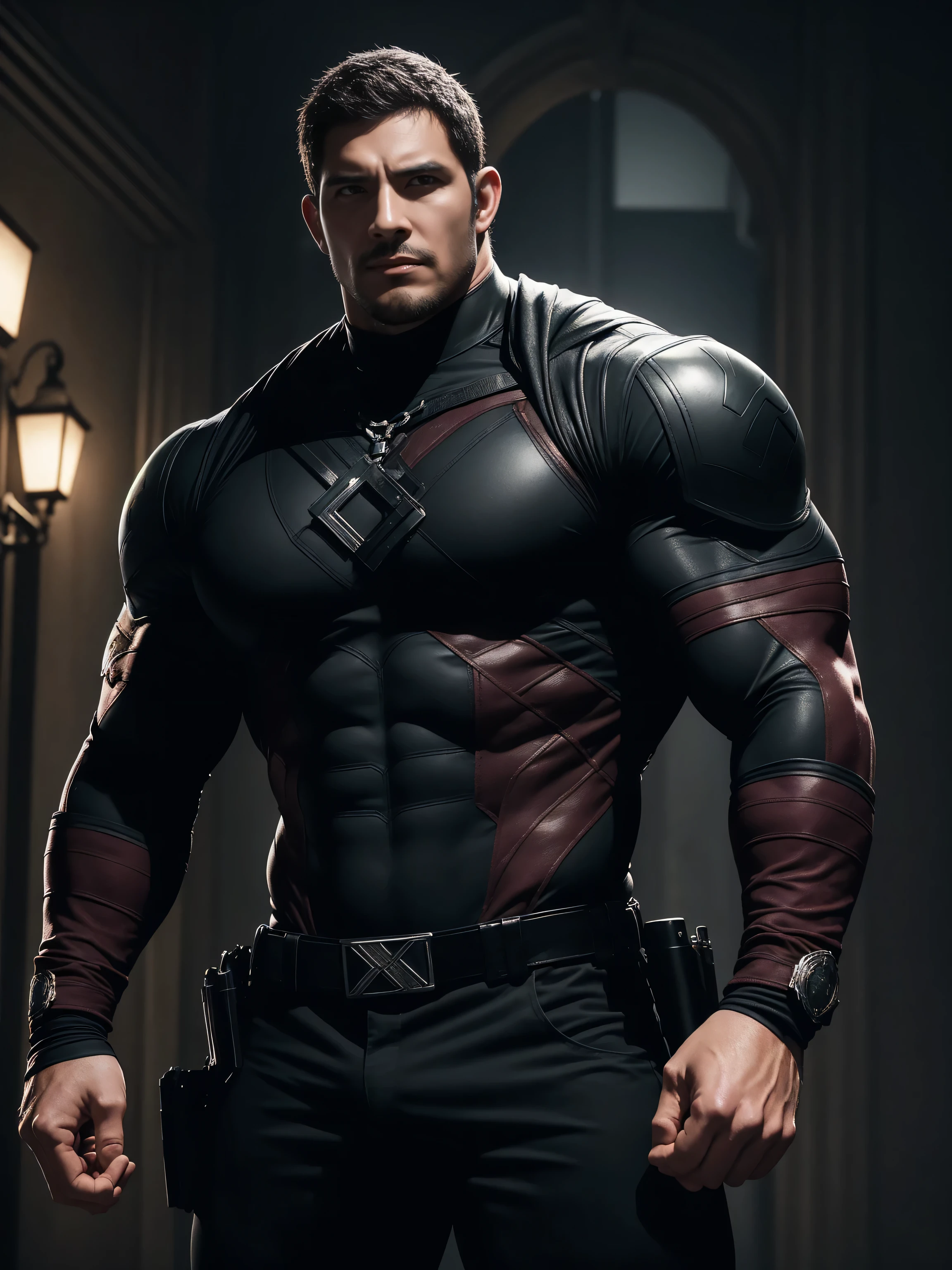 One Tall giant muscular police officer, On the old-style outdoor streets, Wear a long-sleeved burgundy superhero Black Panther bodysuit, Elastic spandex material,The expression is arrogant, Lift your chin, Messy hair, Thick thighs, High collar, long sleeve, burgundy superhero bodysuit, very tight, Regular symmetrical pattern, Highlight muscles, Police uniform pants, character concept(Resident Evil - Chris Redfield, Chris Redfield)A proud expression, Deep and charming eyes, Heroic male pose, tall Burly, muscular!muscular thighs, tough guy, perfect facial features, High, Burly, Heqiang, Super polished and cool, High Resolution Committee, Charismatic, The sun is blazing, dazzling