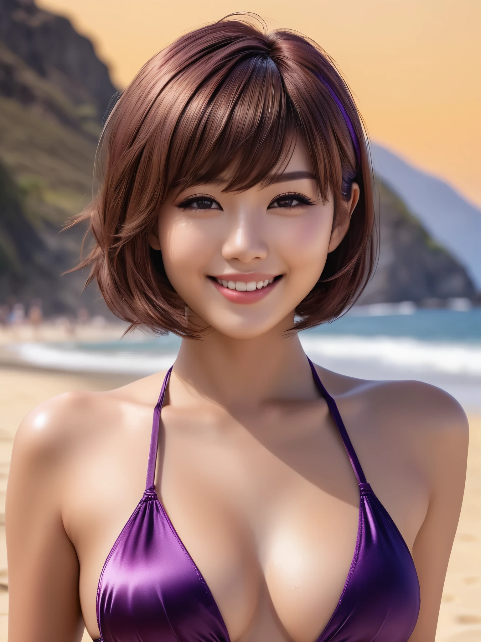product quality, 1girl, full body shot, front view, a Japanese young pretty woman, hyper pretty face, short length hair, sitting with a big smile on a beautiful beach, wearing a satin deep purple micro bikini, busty, wet body, glossy lips, glamorous figure, double eyelids in both eyes, natural makeup, long eyelashes, shiny smooth light brown hair, asymmetrical bangs, fair skin, central image, high resolution, high detail, detailed hairstyle, detailed face, spectacular cinematic lighting, octane rendering, vibrant, hyper realistic, perfect limbs, perfect anatomy