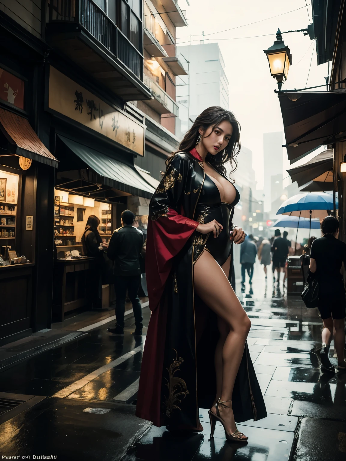 (masterpiece、high resolution,high quality),Beautiful and realistic Japan people、Rainy night,city,The bustling streets of Gintama、A beautiful woman with gal makeup wearing a sports suit, Surrounded by sellers, Beautiful portrait of a stunning goddess girl, Beautifully detailed face, Porcelain-like skin, Full Body Shot, Centered, Super soft lighting, Symmetric, complicated, elegant, Very detailed, Realistic, Art Station, Concept Art, Smooth, Imagined by Greg Rutkowski and Boris Vallejo, cover, Trendy style