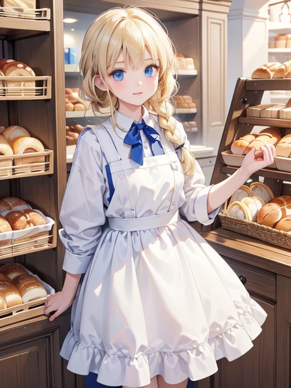 masterpiece, highest quality, Very detailed, 16k, Ultra-high resolution, 12-year-old girl, Detailed face, blue eyes, Blonde, Braid, White workwear, France, bakery, Inside the store, There are countless breads around, Carry bread