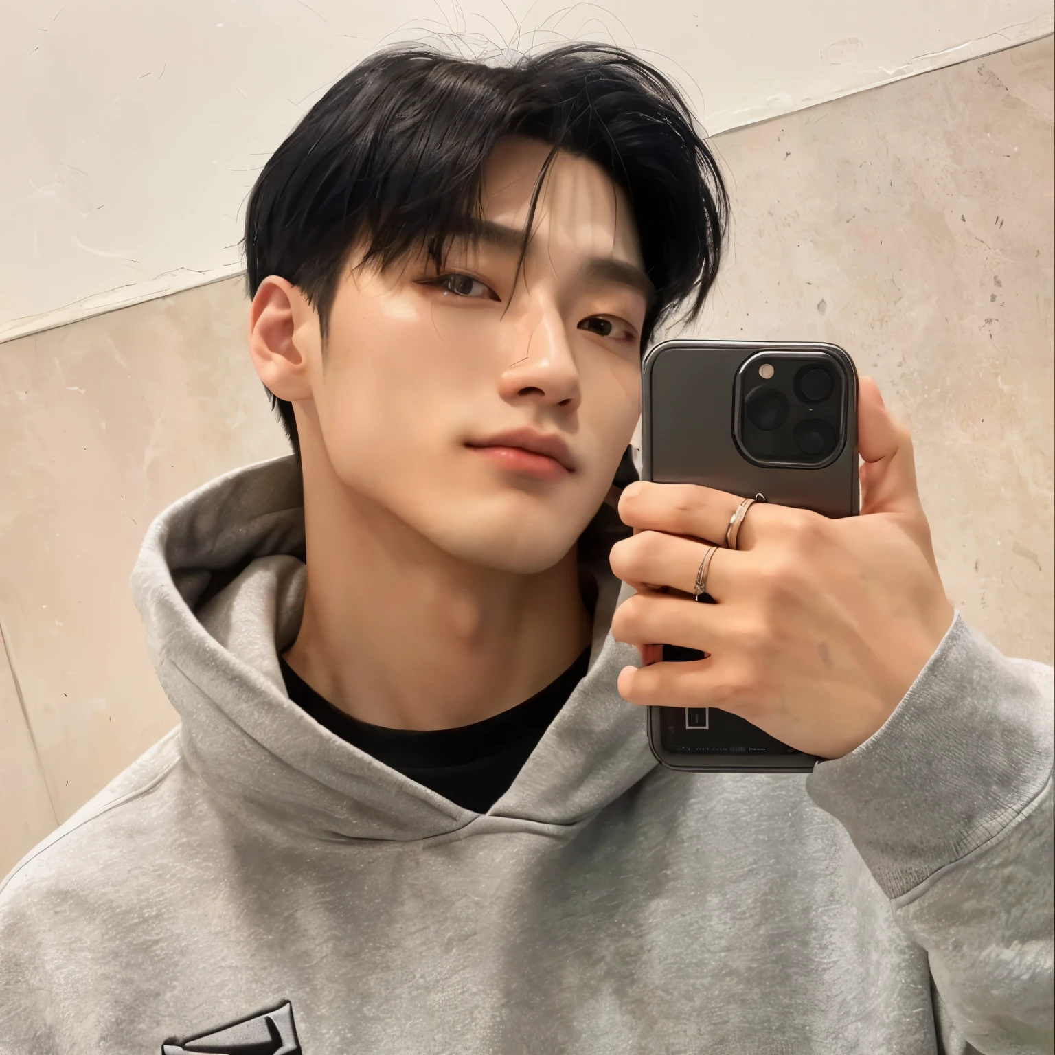 there is a man taking a picture of himself with his cell phone, grey sweatshirt, ring on index finger, south korean male, korean male face, San from ATEEZ, Choi San