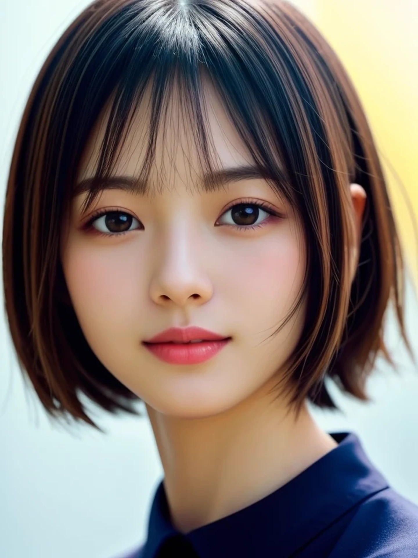 Beautiful Japanese Woman, Soft skin and a nice perfect face, A small face with a nose and rosy lips, Beautiful Eyes, Beautiful smile. black, Surrounded by a bright, ethereal glow、Thin, long, beautiful hair. A loose, short hairstyle with gradation highlights and layers of greyish beige, Navy band collar shirt x yellow houndstooth flare skirt, Bright neon colorful background, Hyperrealistic female photos, High quality high resolution 8K masterpiece