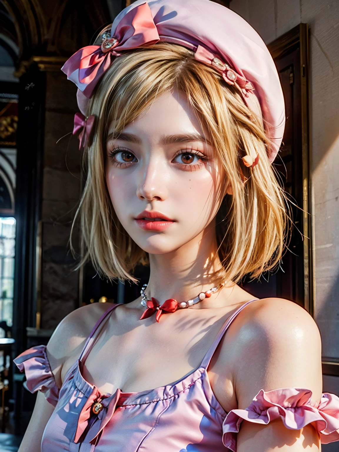 (1 lady), The beautiful, (Best quality at best:1.4), (ultra - detailed), (extremely detailed CG unified 16k), gold blonde hair, very detailed, High-definition RAW color photo, professional photoshooting, amazing face and eyes, cosmetics, (amazingly beautiful girl), ((lambdadelta, tall woman, taller)), ((dress, red bow, pink hat, necklace, gloves, pearl, pink dress)), standing, realistic cinematic face, photo portrait, upper body (shoulders to head), photorealistic, ((realistic natural blonde hair style, red eyes)), gorgeous, extremely beautiful face, perfect model beauty, pout mouth, flirting smile, cleavages, city girl, western, (masterpiece), best quality, high resolution, extremely detailed, blurred background, depth of field, cinematic lighting, clear and well-cared skin