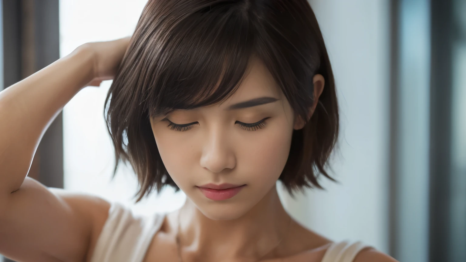 (highest quality、8K、32k、masterpiece、nffsw:1.2)、cute japanese women photos、big and full breasts、very short bobbed hair、Upper body、surface focus、extra large_sweater、necklace、Background of the café、From above、Viewer looking x4、(8K、RAW photo、highest quality、masterpiece:1.2)、(realistic、Photoreal:1.37)、1 girl、cute、professional lighting、photon mapping、Physically based rendering、gradient brunette hair、short curly hair、Handsome、girly、excellent image quality、High resolution、1080p、(clean face)、(Detailed facial description)、(Detailed hand explanation)、(Masseter muscle part)、(Detailed CG)、 extreme light and shadow、hair is dirty、masterpiece、rich details、(exquisite features)、(best image quality)、(masterpiece)、(detailed eye)、looking forward to your eyes、delicate clavicle、Various poses、Don'don't watch the mela、profile、Photographed inside the cafe、Spring clothes、simple necklace、light blue knit