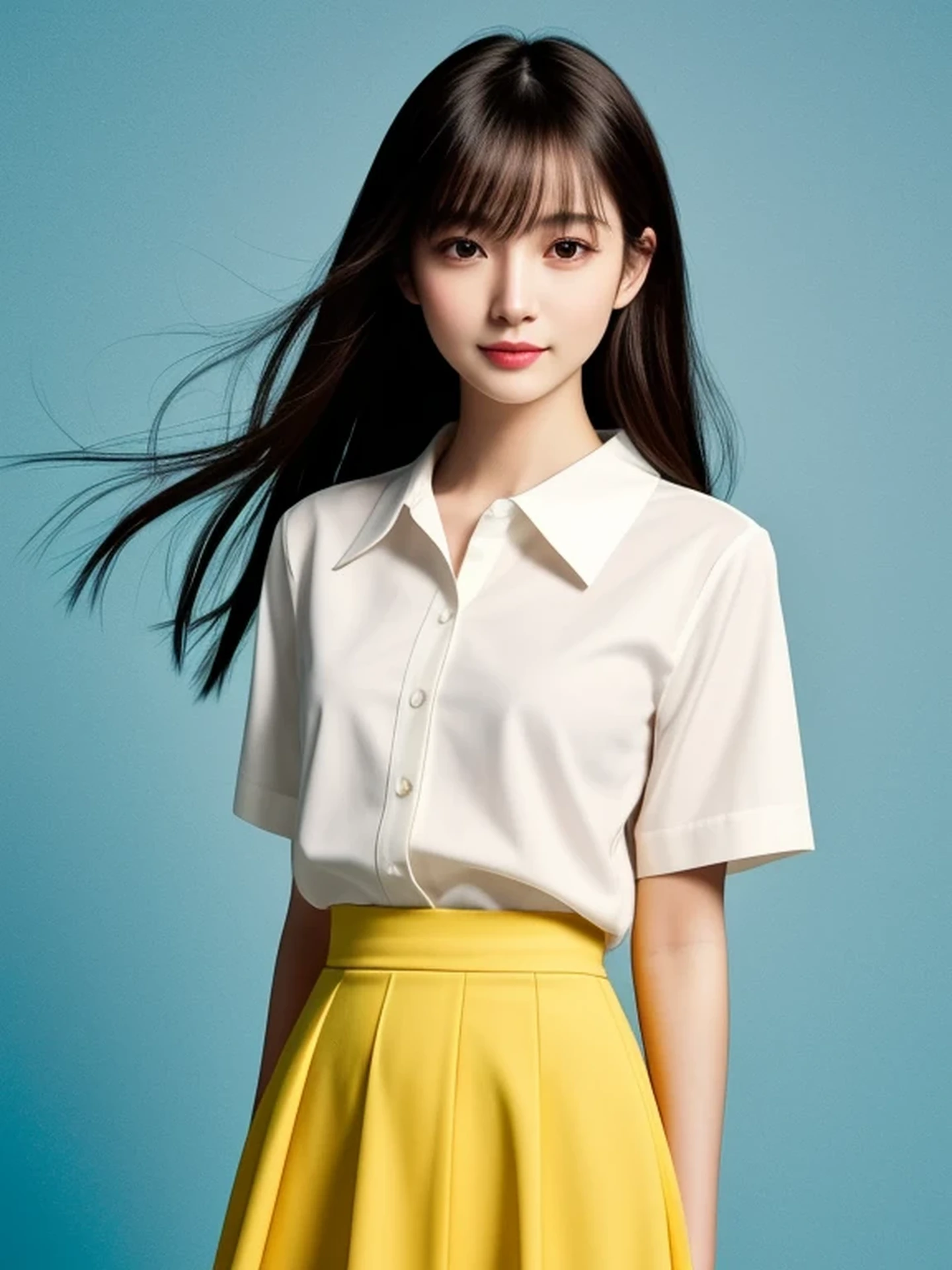 Beautiful Japanese Woman, Soft skin and a nice perfect face, A small face with a nose and rosy lips, Beautiful Eyes, Beautiful smile. black, Surrounded by a bright, ethereal glow、Thin, long, beautiful hair. A loose, short hairstyle with gradation highlights and layers of greyish beige, Navy band collar shirt x yellow houndstooth flare skirt, Bright neon colorful background, Hyperrealistic female photos, High quality high resolution 8K masterpiece