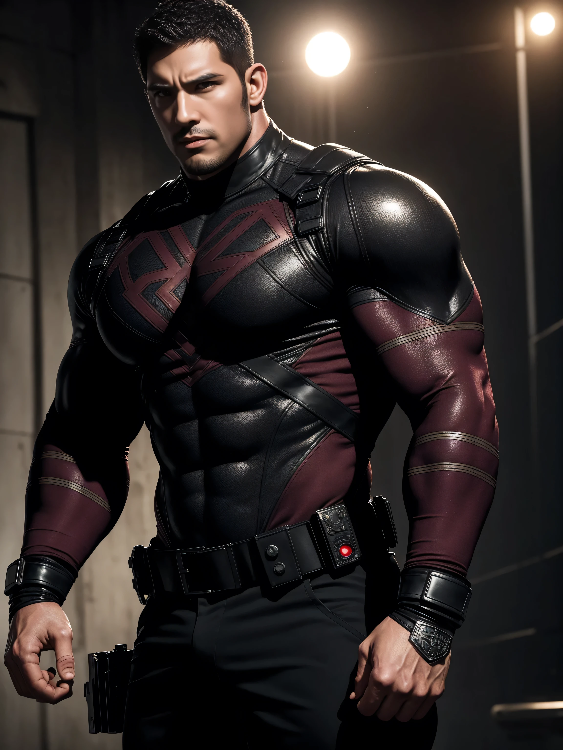 One Tall giant muscular police officer, Buzz Cut,On the old-style outdoor streets, Wear a long-sleeved burgundy superhero Black Panther bodysuit, Elastic spandex material,The expression is arrogant, Lift your chin, Messy hair, Thick thighs, High collar, long sleeve, burgundy superhero bodysuit, very tight, Regular symmetrical pattern, Highlight muscles, Police uniform pants, character concept(Resident Evil - Chris Redfield, Chris Redfield)A proud expression, Deep and charming eyes, Heroic male pose, tall Burly, muscular!muscular thighs, tough guy, perfect facial features, High, Burly, Heqiang, Super polished and cool, High Resolution Committee, Charismatic, The sun is blazing, dazzling