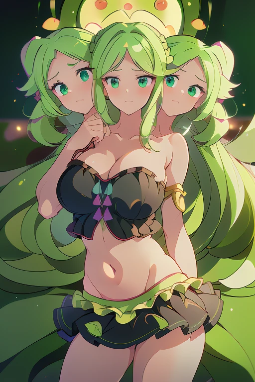 (masterpiece, best quality), best quality, best resolution, (ultra-detailed), (3heads:1.5), 1girl, (fuma mishandra:1.3), masterpiece, best quality, ultra quality, ultra resolution, ultra detail, black top, crop top, ((stomach)), midriff, ((groin)), black skirt, miniskirt, normal ears, shackles, green hair, very long hair, wavy hair, sidelocks, green eyes, detailed eyes, same eye color, parted lips, open belly, sweat, cute, toned belly, hand on own chest, eyelashes, (24 year old woman:1.3), (masterpiece:1.5), (best quality:1.5), (beautiful detailed), extremely detailed CG, extremely delicate and beautiful, depth of field, (finely detailed face), (perfect details:1.2), (mature female:1.3), wide pelvis, slender, large veiny breast, 16k resolution, highres, high quality, high definition, extremely detailed, masterpiece, green hair, long hair, alluring presence, twin braid, short skirt, close up, big tits, young, girl with three heads,