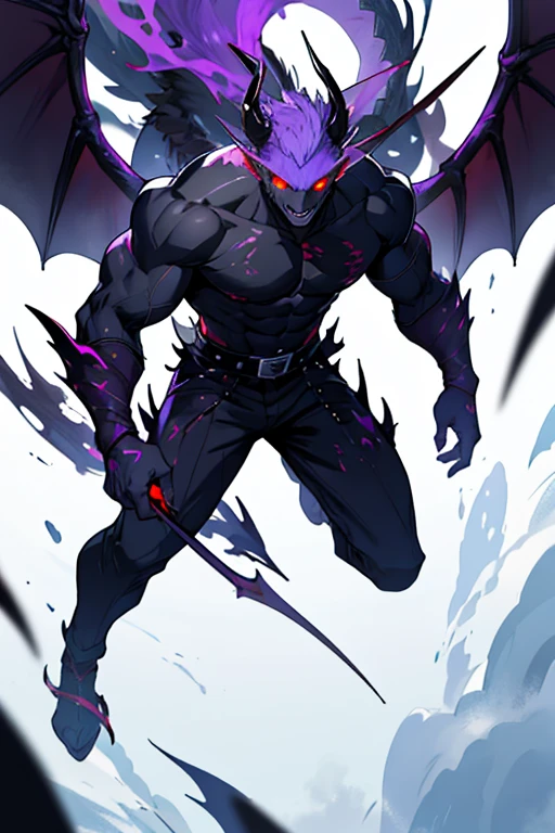 Huge muscles,Devilish wings,Devilish horns and fangs,Clear liquid dripping from penis,black costume,Huge erect penis,Ready your weapon,Wearing an evil aura,Neon Light,Dripping drool