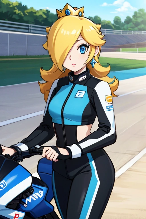 masterpiece, high quality, extremely detailed, 1girl, mature female, solo, ambient soft lighting, perfect lighting, princess_rosalina_mariokart_outfit, white and blue motorcycle suit, long hair, bright blue eyes, naturally pale skin, ((Background: Outside, bright and sunny, empty race track, standing next to a motorcycle)), The 4k textures showcases the utmost level of detail, while the cinematic lighting adds depth and adventure to the scene
