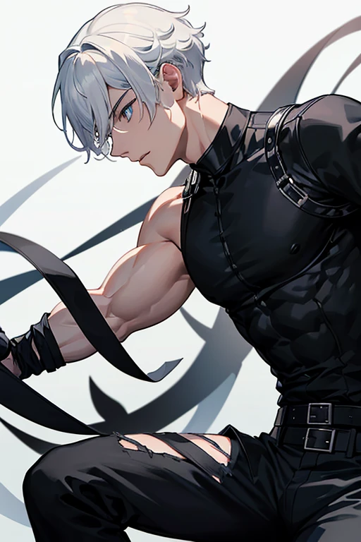 A slightly muscular 28-year-old man in a tight black shirt and black military pants and black boots and white hair and light blue eyes with black bandages on his arms.