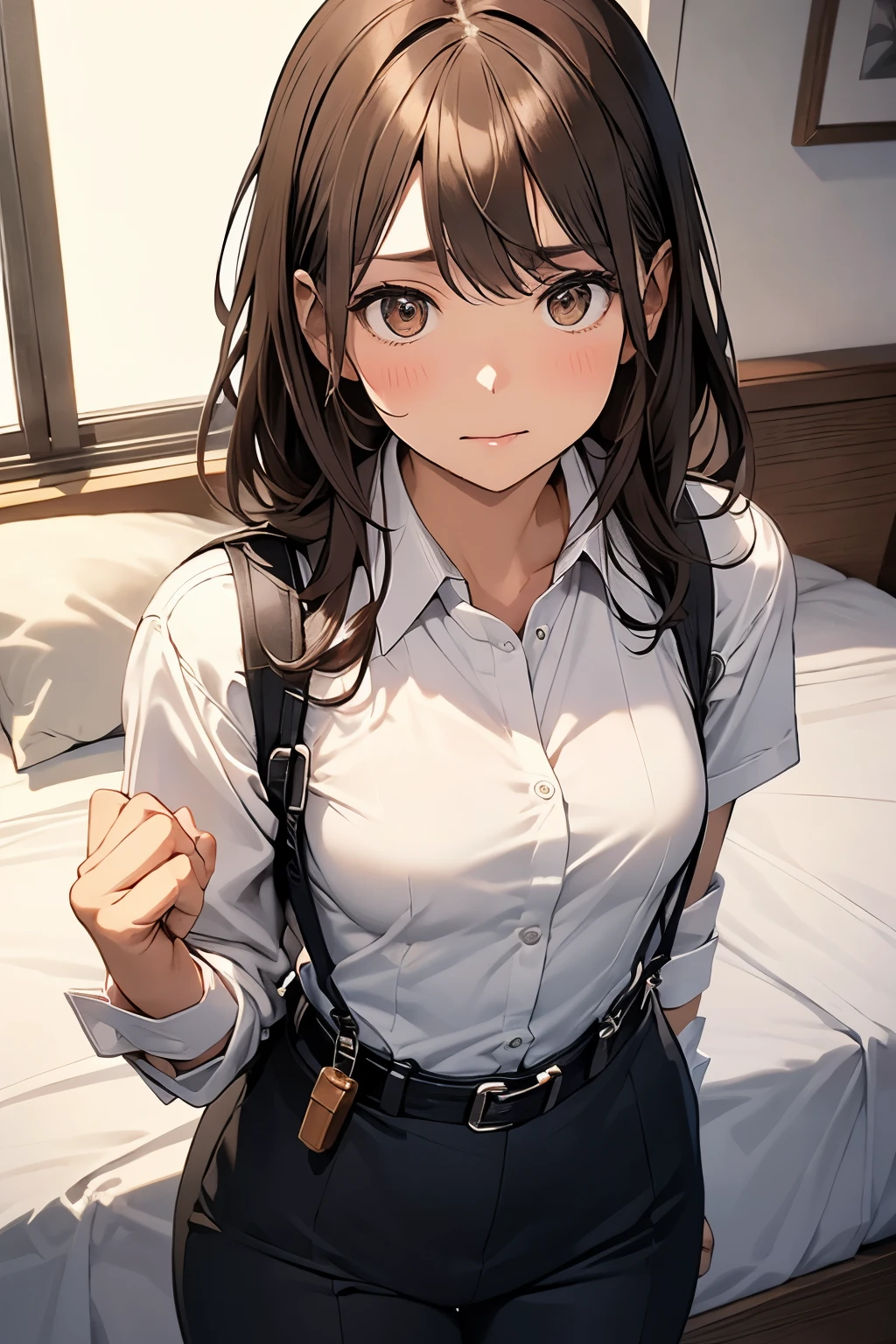 Brown Hair、Staring at the audience　　　Black suspenders　　　bulging big breasts　　 　 　　　wall: 　Black pantsuit　　　　　　sight　　　Small face　 　　　holster　　　Beautiful woman　　Show your hand　　 Lying in bed　　sight 　　Taunt　side　side汗 　arm　Dress shirt　Black Suit　belt