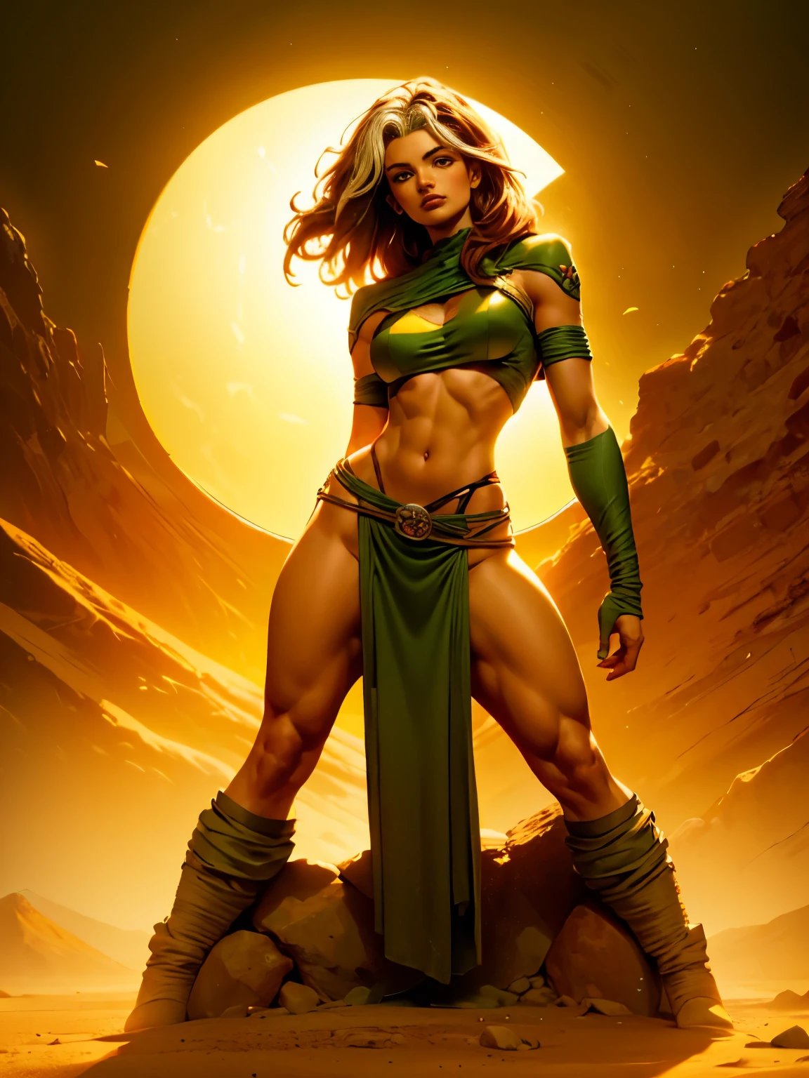 Titania, pose sexy, desierto, x-men Rogue, senos grandes, cabello largo, small waist, alta calidad, 4k, grandes muslos, escote en el pecho