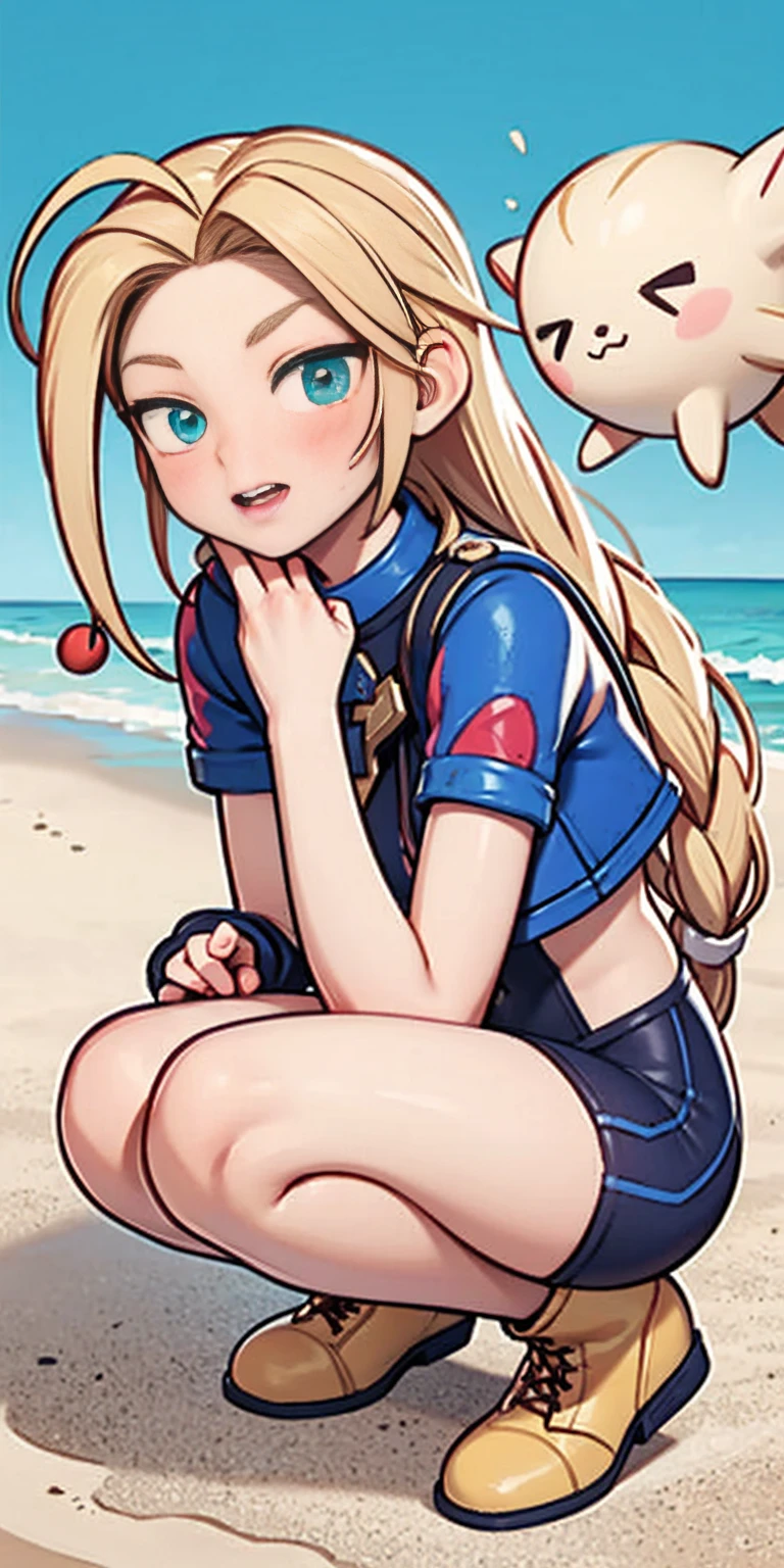 (Masterpiece, high quality, best render) (beautiful girl, Cammy White) (bomb, pin-up style) hot, floss, perfect body, fitness, blonde, two long braids, elaborate hair, deserted beach, almost naked, psychopath, crazy face, body facing forward, squatting, legs spread, light green leotard, red beret, combat boots, pastel, center, scales to fit dimensions, camel toe