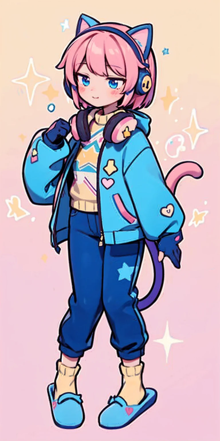 cat girl, solo, gloves, fluffy clothes, pants, sweater, sleeves, socks, slippers, pastel colors, (purple, blue, pink, yellow), cozy, dreamy, stars, stickers, bubbles, glitter, sparkles, plushies, headphones