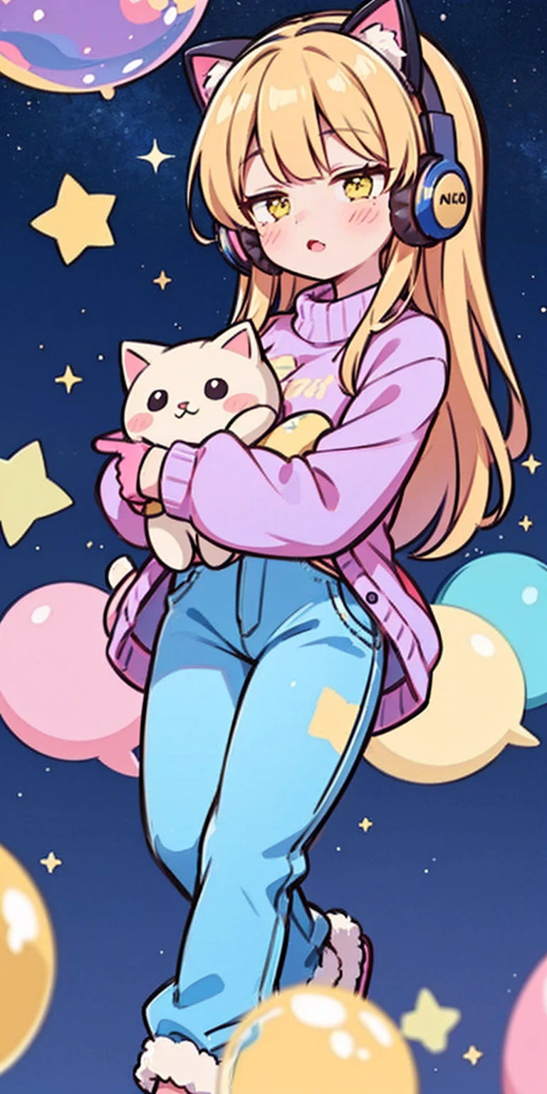 cat girl, solo, gloves, fluffy clothes, pants, sweater, sleeves, socks, slippers, pastel colors, (purple, blue, pink, yellow), cozy, dreamy, stars, stickers, bubbles, glitter, sparkles, plushies, headphones