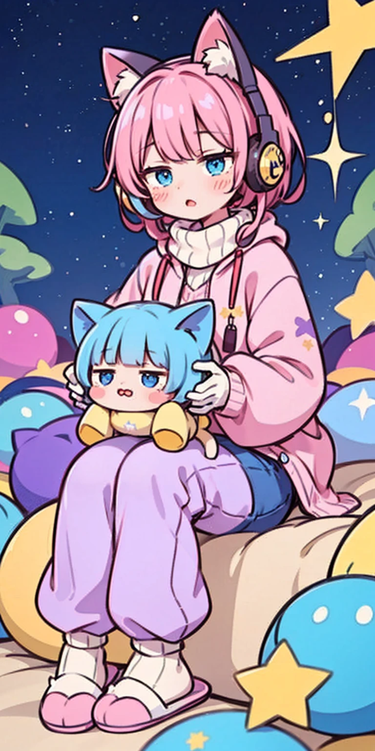 cat girl, solo, gloves, fluffy clothes, pants, sweater, sleeves, socks, slippers, pastel colors, (purple, blue, pink, yellow), cozy, dreamy, stars, stickers, bubbles, glitter, sparkles, plushies, headphones