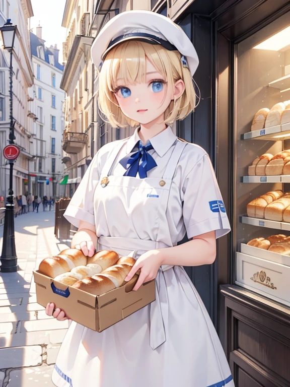 masterpiece, highest quality, Very detailed, 16k, Ultra-high resolution, , Detailed face, blue eyes, Blonde, short hair, White Cap, White workwear, France, bakery, Inside the store, There are countless breads around, Carry bread