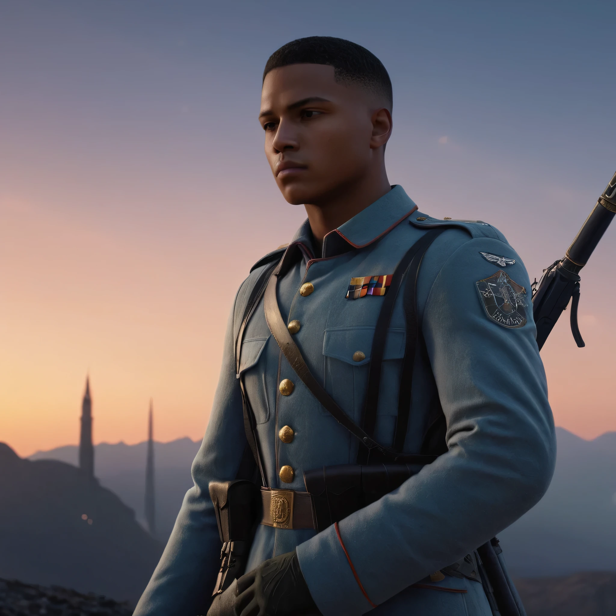 A young soldier in subtle-colored uniform, standing in a fantastic realm with a dawn sky, extremely detailed. subtle colors, fantastical realm, extremely detailed, ultra sharp focus, attention to detail, stunning visual masterpiece, highest quality, photorealistic, cinematographic scene, highest quality, 32k, octane render, good lightning, sharp and precise details, cinematic vibe, accurate, deep and realistic body details.