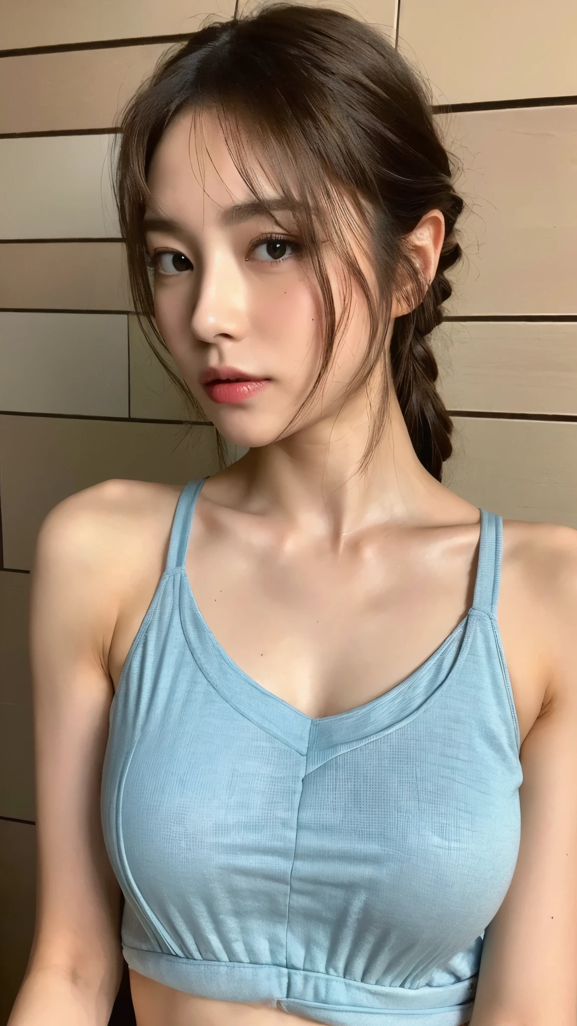 ((highest quality, 8k, masterpiece :1.3)), One girl, Beautiful woman with slim abdominal muscles :1.3, (Random Hairstyles :1.2), Oversized tank top :1.2, Highly detailed face, Fine grain, double eyelid, Underarm