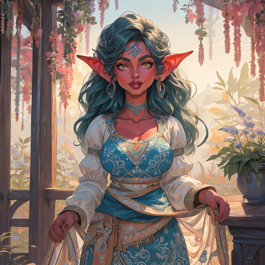 An Illustrated, Hand-Drawn, Full Color, Warm Lighting, Shadows, Graphite Shading, Stencil Marks, Airbrushed Acrylic Paint, In The Style Of Breath Of The Wild. ((Masterpiece)), ((Best Quality)), (Detailed),1girl, Luscious Lips, Image Of a beautiful goblin woman, Female, Humanoid, Furry, Beauty, Cute, Adorable, red Skin Color, Hi Res, Sharp, Detailed Background, Wide Smile, Bright Eyes. detailed. perfect face. symmetrical. curvy-hourglass-figure. large breasts. Long flowing lacey dress that has a high neck. and long billowing skirts.