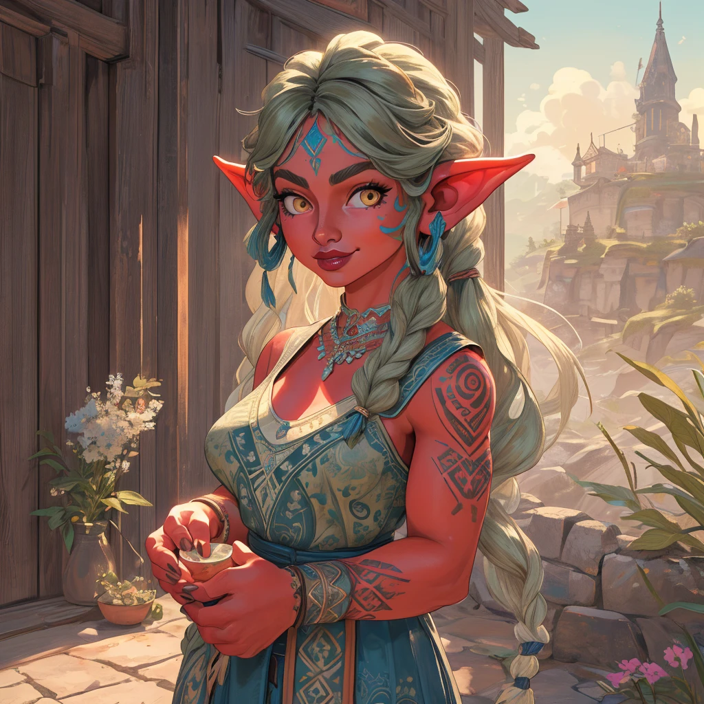An Illustrated, Hand-Drawn, Full Color, Warm Lighting, Shadows, Graphite Shading, Stencil Marks, Airbrushed Acrylic Paint, In The Style Of Breath Of The Wild. ((Masterpiece)), ((Best Quality)), (Detailed),1girl, Luscious Lips, Image Of a beautiful goblin woman, Female, Humanoid, Furry, Beauty, Cute, Adorable, red Skin Color, Hi Res, Sharp, Detailed Background, Wide Smile, Bright Eyes. detailed. perfect face. symmetrical. curvy-hourglass-figure. large breasts. Long flowing lacey dress that has a high neck. and long billowing skirts.