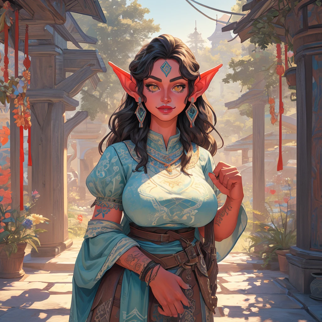 An Illustrated, Hand-Drawn, Full Color, Warm Lighting, Shadows, Graphite Shading, Stencil Marks, Airbrushed Acrylic Paint, In The Style Of Breath Of The Wild. ((Masterpiece)), ((Best Quality)), (Detailed),1girl, Luscious Lips, Image Of a  beautiful goblin woman, Female, Humanoid, Furry, Beauty, Cute, Adorable, red Skin Color, Hi Res, Sharp, Detailed Background, Wide Smile, Bright Eyes. detailed. perfect face. symmetrical. curvy-hourglass-figure. large breasts. Long flowing lacey dress that has a high neck. and long billowing skirts.