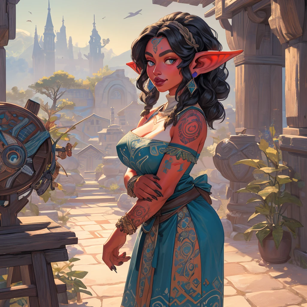 An Illustrated, Hand-Drawn, Full Color, Warm Lighting, Shadows, Graphite Shading, Stencil Marks, Airbrushed Acrylic Paint, In The Style Of Breath Of The Wild. ((Masterpiece)), ((Best Quality)), (Detailed),1girl, Luscious Lips, Image Of a  beautiful goblin woman, Female, Humanoid, Furry, Beauty, Cute, Adorable, red Skin Color, Hi Res, Sharp, Detailed Background, Wide Smile, Bright Eyes. detailed. perfect face. symmetrical. curvy-hourglass-figure. large breasts. Long flowing lacey dress that has a high neck. and long billowing skirts.