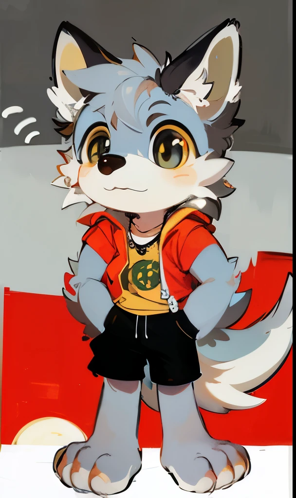 , high resolution, high definition, 4k, ((masterpiece)), shaggy, boy, Ultra-clear 4K fanart, Furry, Bright eyesFurry tail,Slightly sentimental,canid,solo person,Wear casual attire, ((yellow eyes)), black pants, necklace sun and moon, cute face, cute eyes