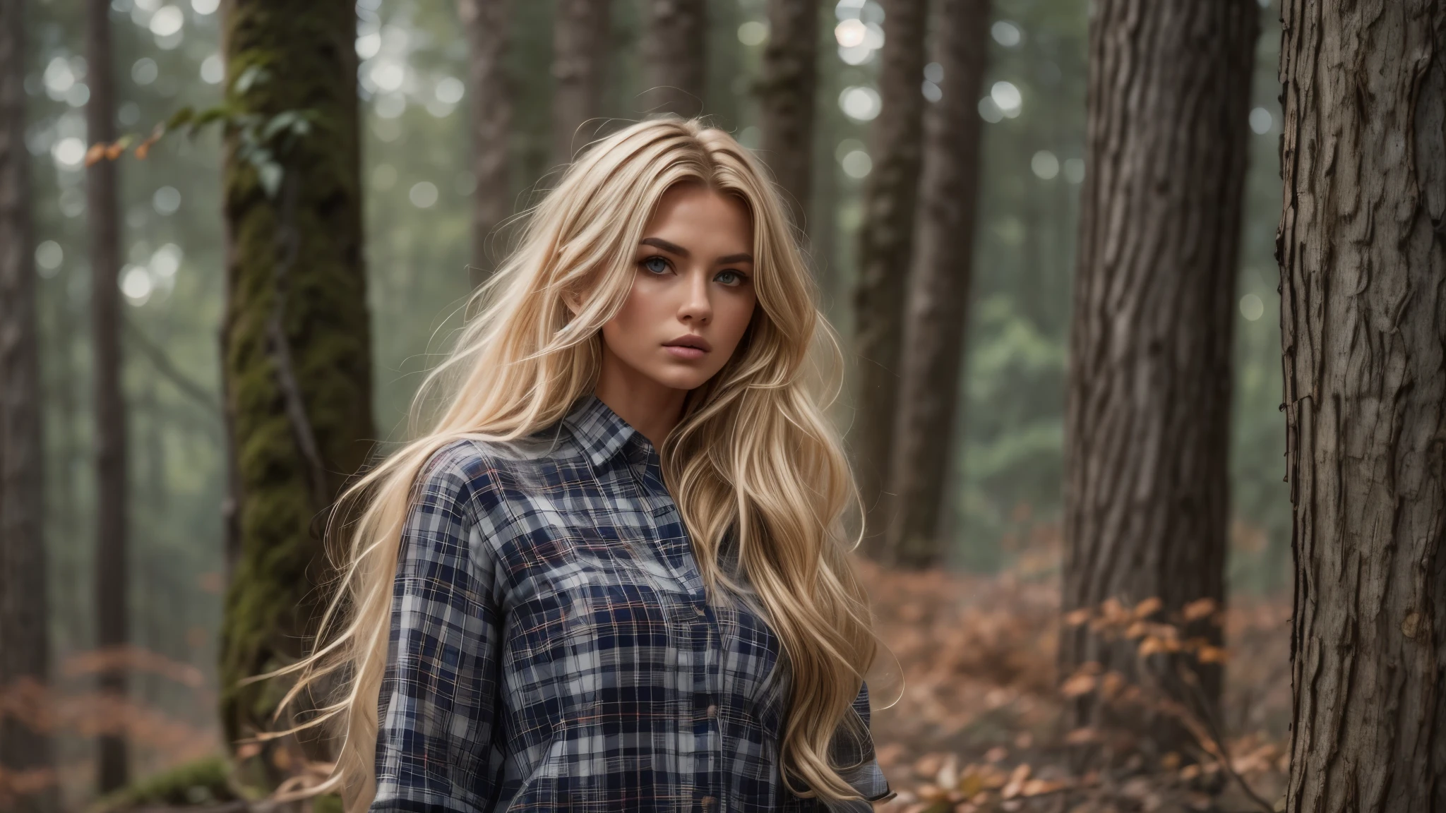 cabin in the woods, dense trees, dark woods, Beautiful woman, plaid long-sleeved flannel shirt, long wavy blonde hair,